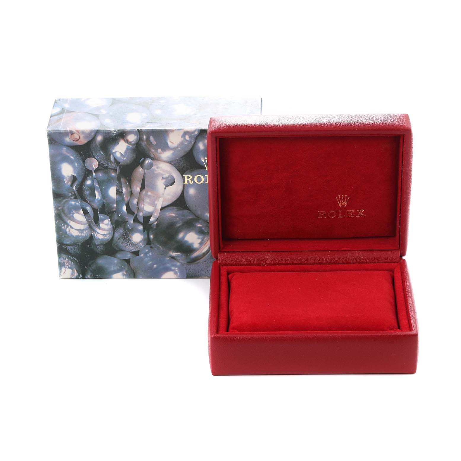 The image shows a Rolex Datejust 79174 Women
s Stainless Steel White Dial 79174 Women
s Stainless Steel White Dial watch box, open to display its red interior and external packaging.