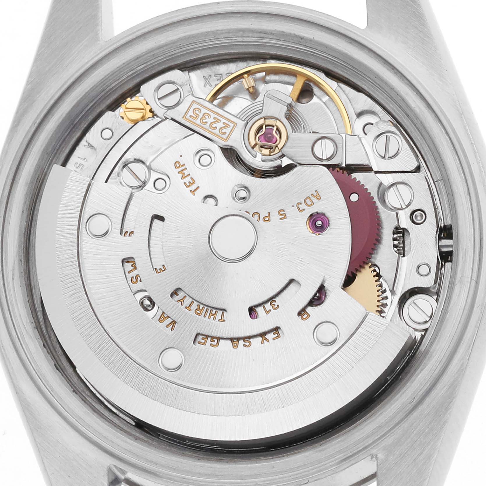 The image shows the movement of a Rolex Datejust 79174 Women
s Stainless Steel White Dial 79174 Women
s Stainless Steel White Dial watch, viewed from the back angle.