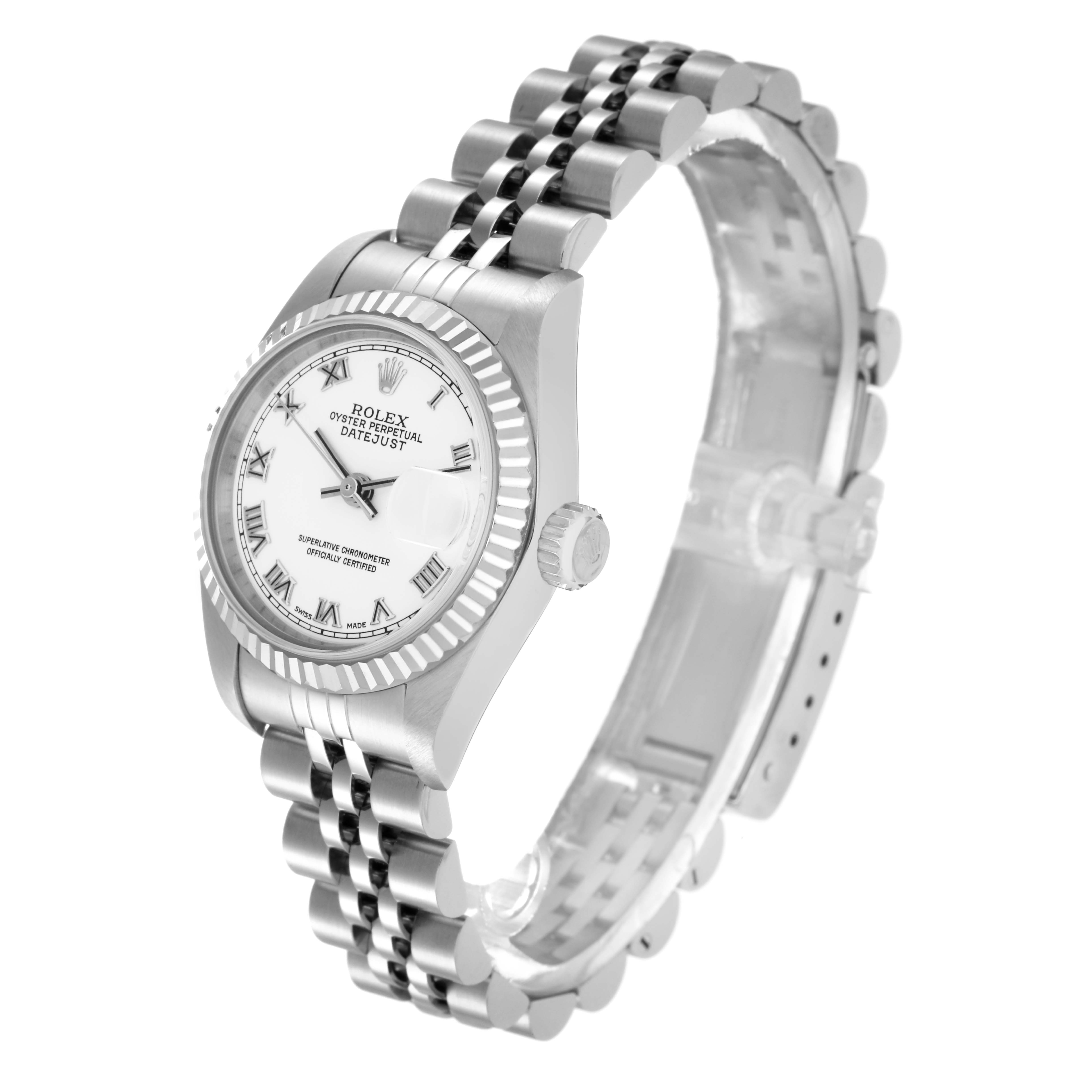 The Rolex Datejust 79174 Women
s Stainless Steel White Dial 79174 Women
s Stainless Steel White Dial watch is shown at a side angle, displaying the face, bezel, crown, and part of the bracelet.