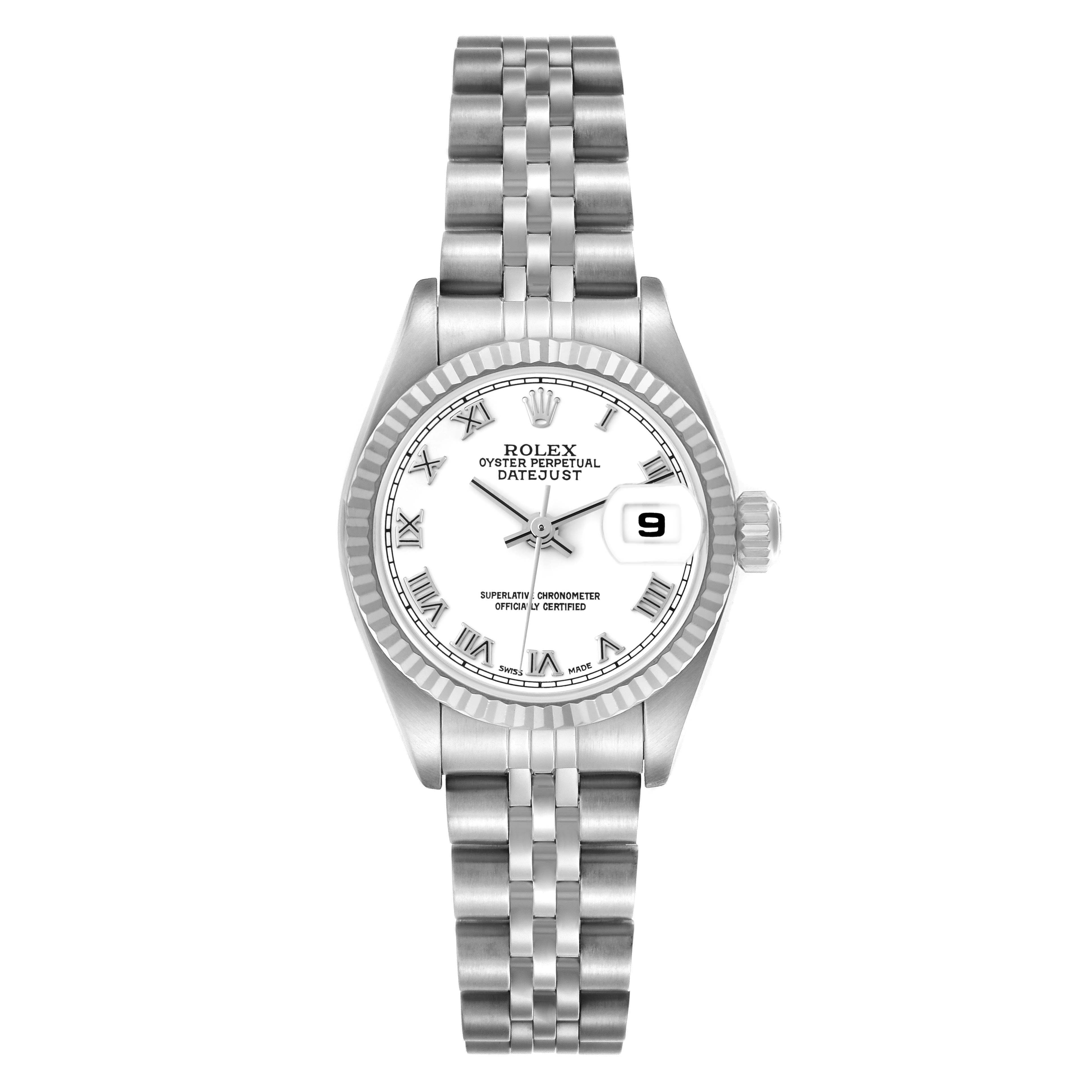 The Rolex Datejust 79174 Women
s Stainless Steel White Dial 79174 Women
s Stainless Steel White Dial watch is shown from a top-down angle, displaying its face, bezel, bracelet, and date window at 3 o
clock.