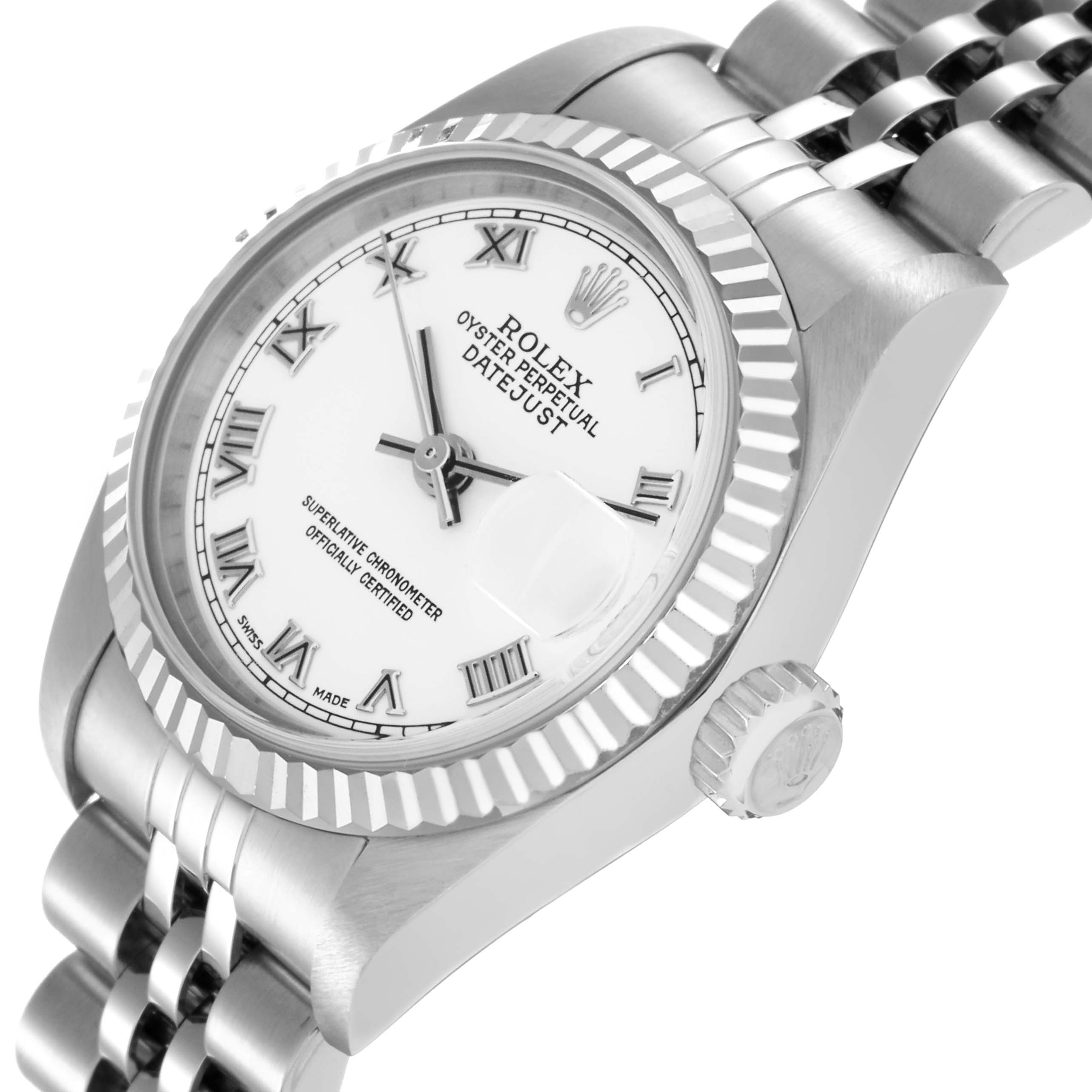 The Rolex Datejust 79174 Women
s Stainless Steel White Dial 79174 Women
s Stainless Steel White Dial is shown from a tilted side angle, highlighting the dial, fluted bezel, and crown.