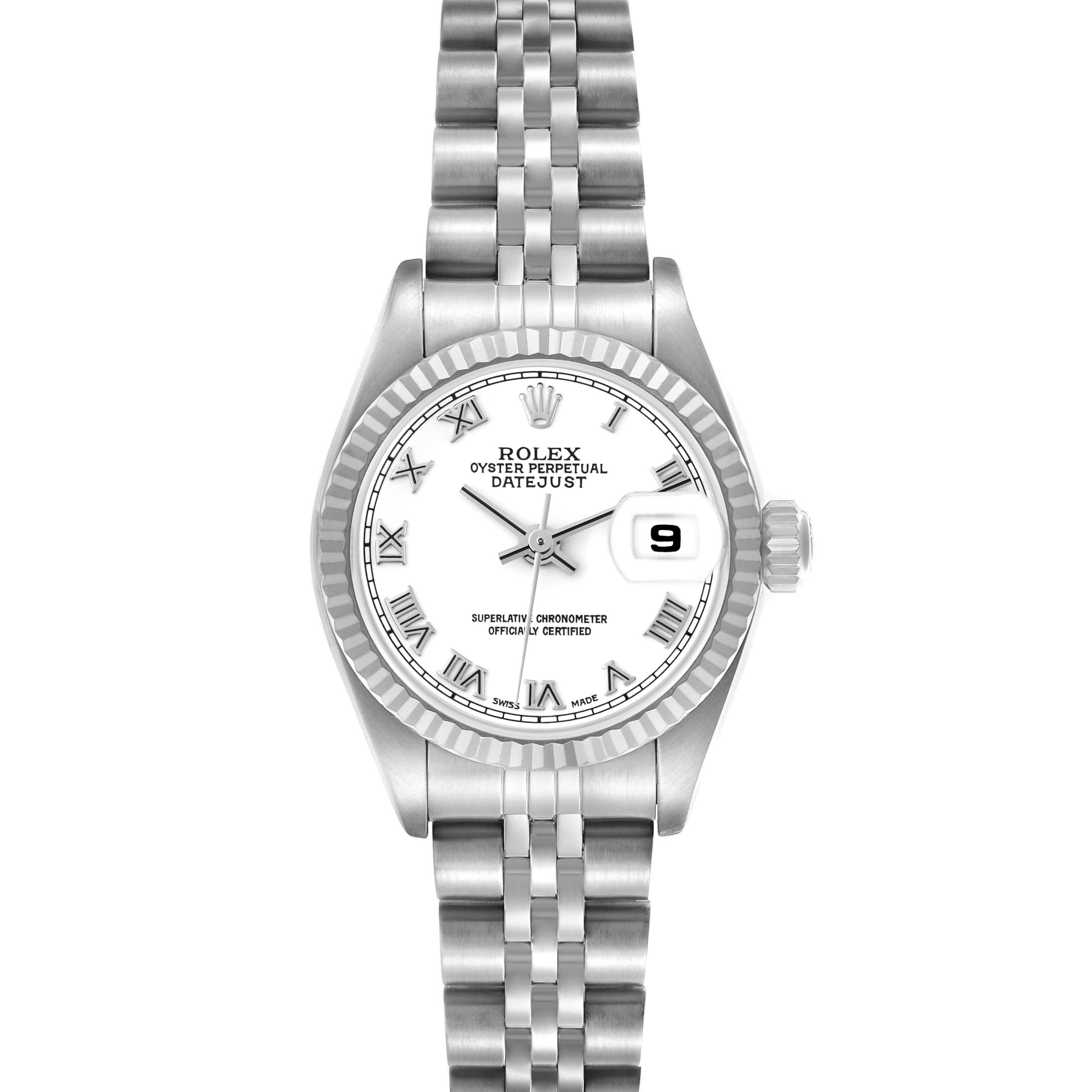 The image shows a Rolex Datejust 79174 Women
s Stainless Steel White Dial 79174 Women
s Stainless Steel White Dial watch from a top angle, displaying the full face, bezel, and partial bracelet.