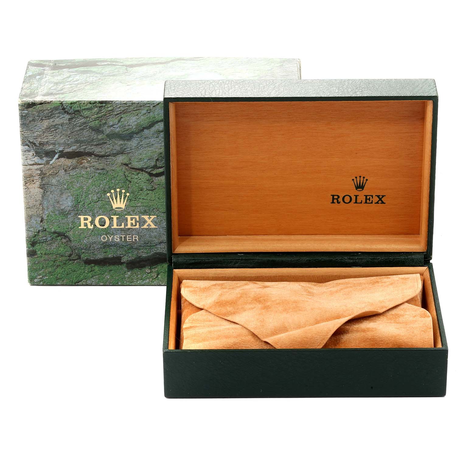 The image shows the open box and exterior packaging for a Datejust model by Rolex.