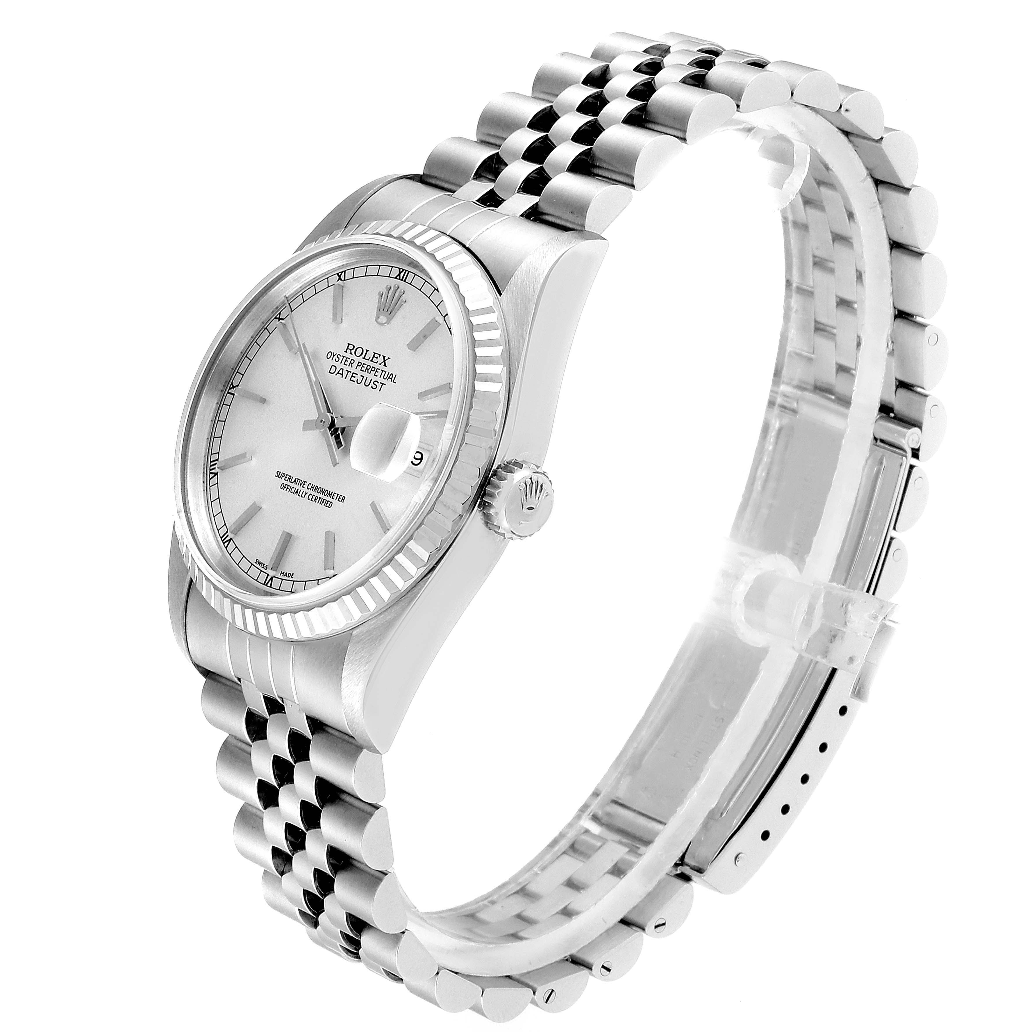 The Rolex Datejust 16234 Men's Stainless Steel Silver Dial 16234 Men's Stainless Steel Silver Dial watch is shown at an angled side view, highlighting its face, crown, and bracelet.