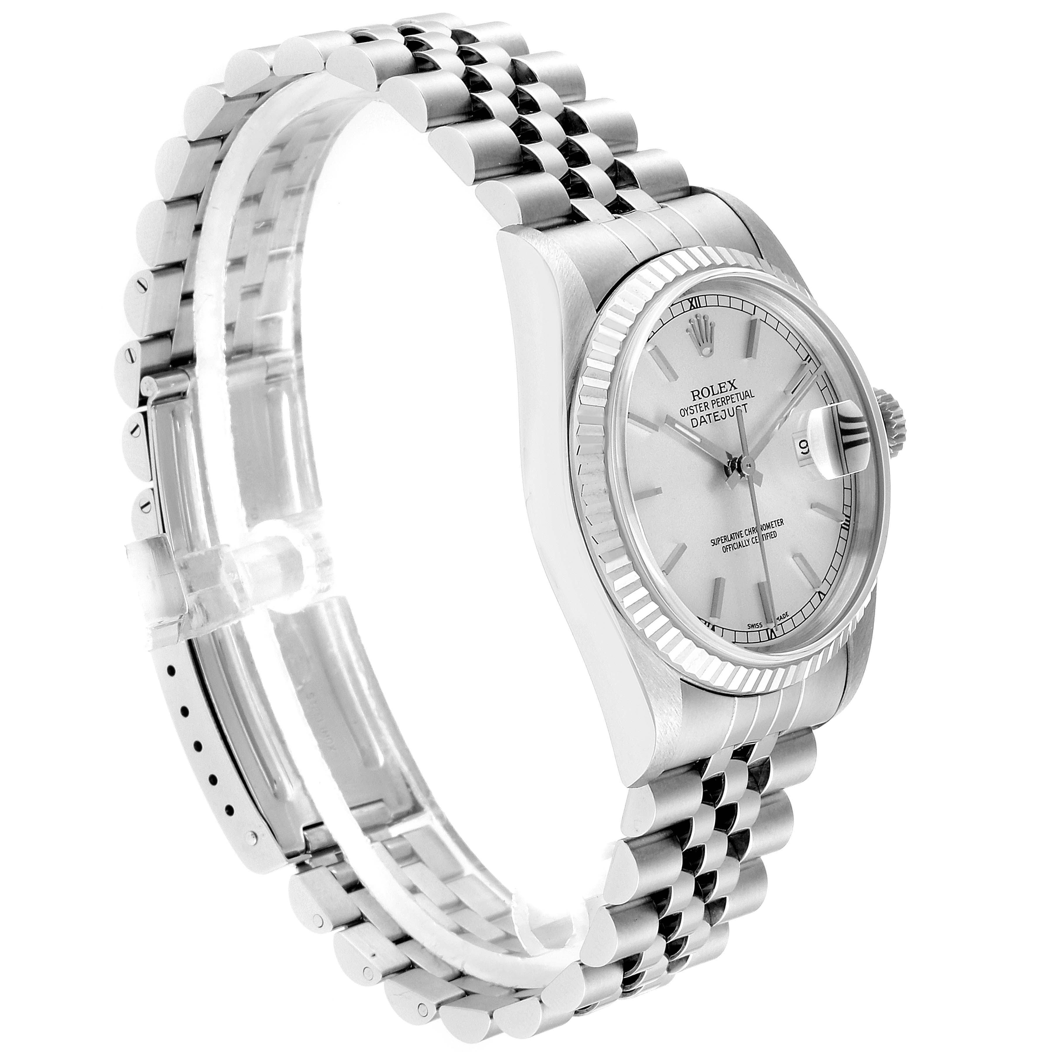 This image of a Rolex Datejust 16234 Men's Stainless Steel Silver Dial 16234 Men's Stainless Steel Silver Dial watch shows a side angle with the bracelet, dial, and crown visible.