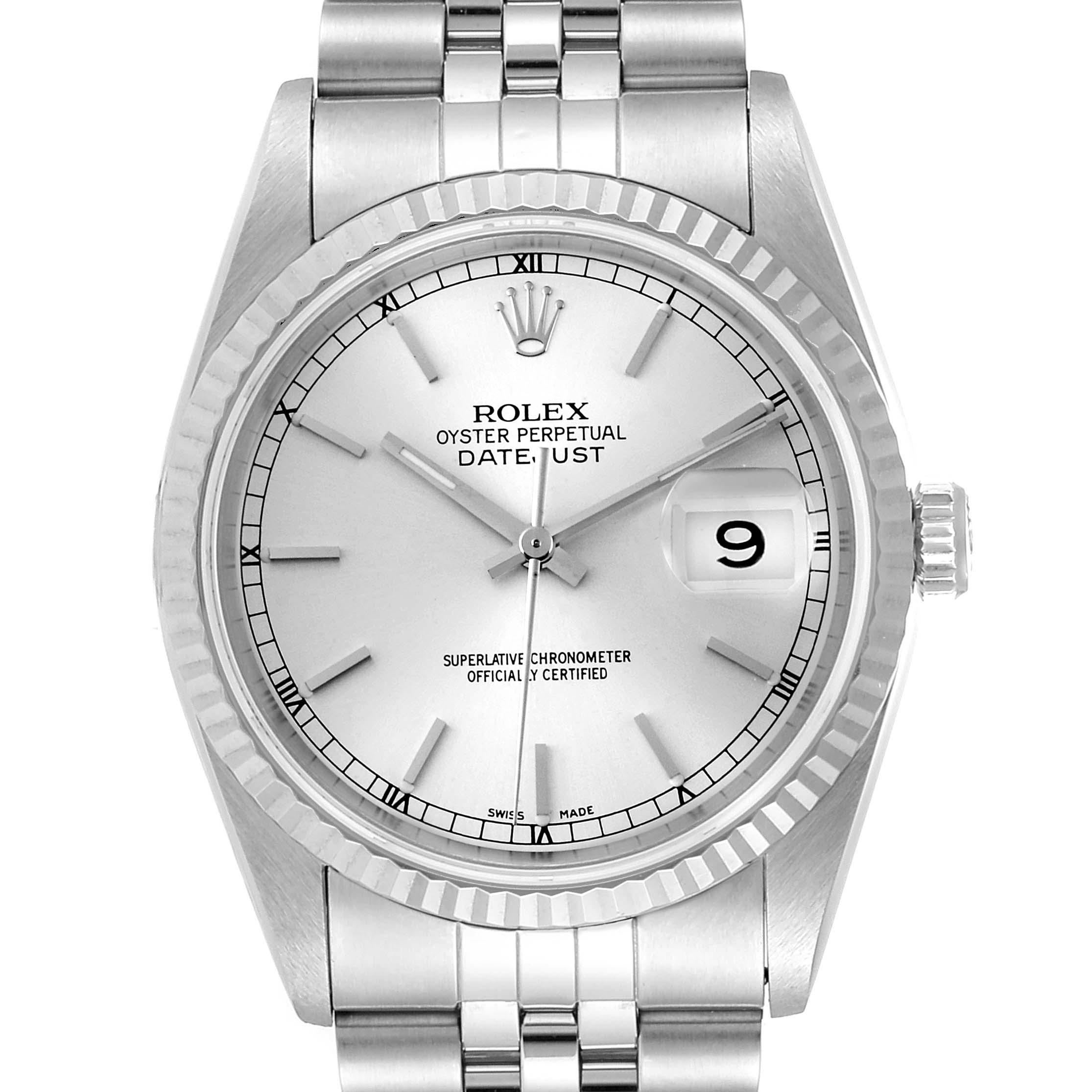 This is a frontal view of the Rolex Datejust 16234 Men's Stainless Steel Silver Dial 16234 Men's Stainless Steel Silver Dial watch, showing the dial, hands, date window, bezel, and part of the bracelet.