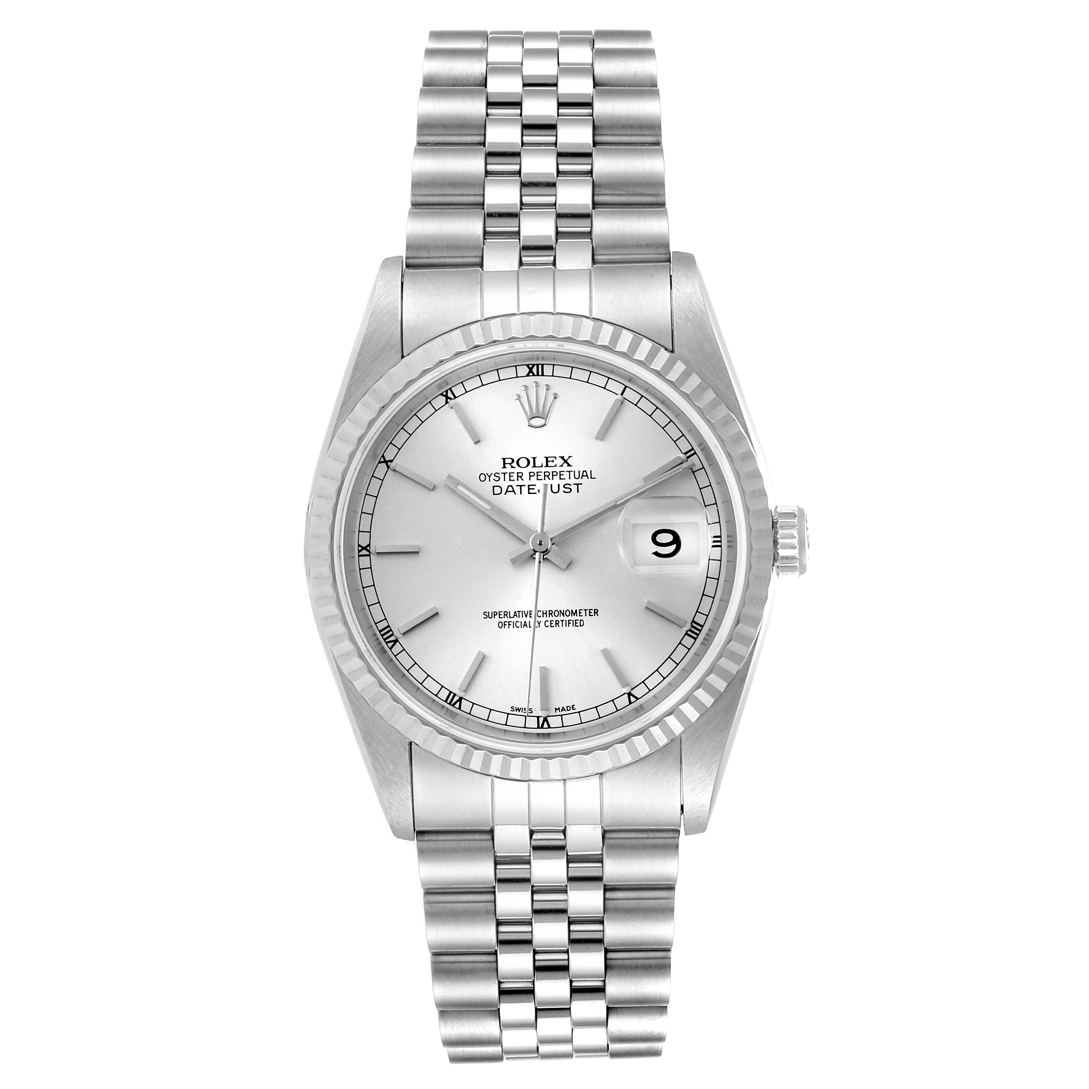 This image shows a Rolex Datejust 16234 Men's Stainless Steel Silver Dial 16234 Men's Stainless Steel Silver Dial watch from a front angle, highlighting its dial, bezel, and bracelet.