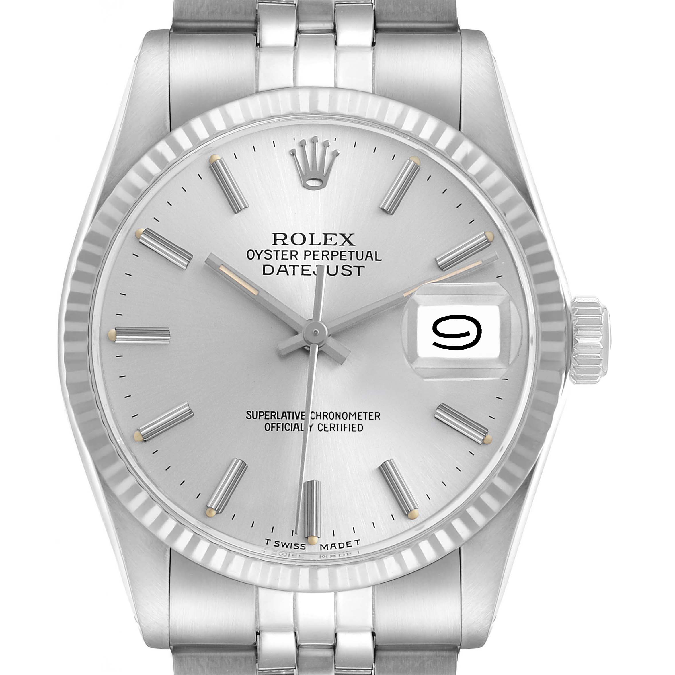 The Rolex Datejust 16014 Men's Stainless Steel Silver Dial watch is shown from a front angle, highlighting the dial, bezel, crown, and part of the bracelet.