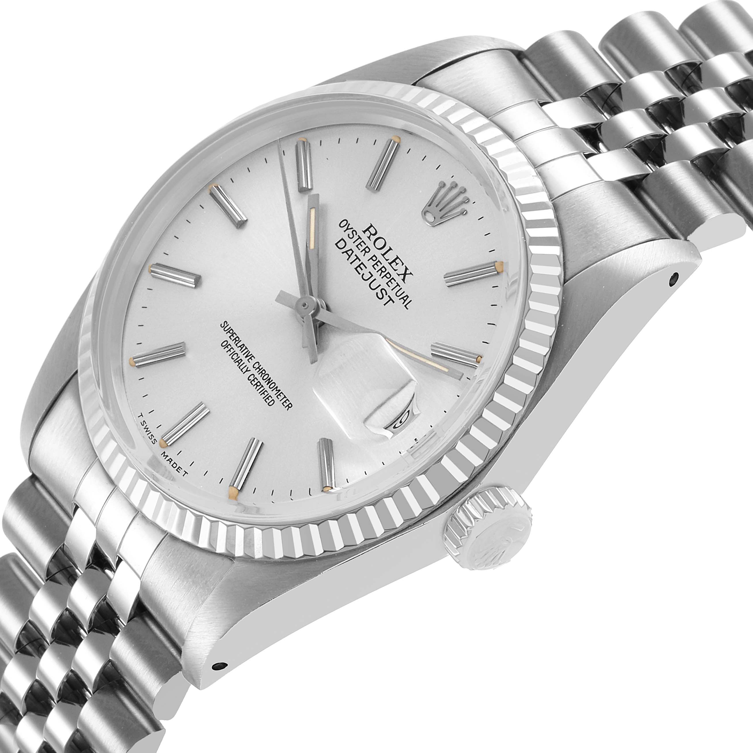 The image shows a Rolex Datejust 16014 Men's Stainless Steel Silver Dial watch at a three-quarter angle, highlighting the case, bezel, crown, and part of the bracelet.