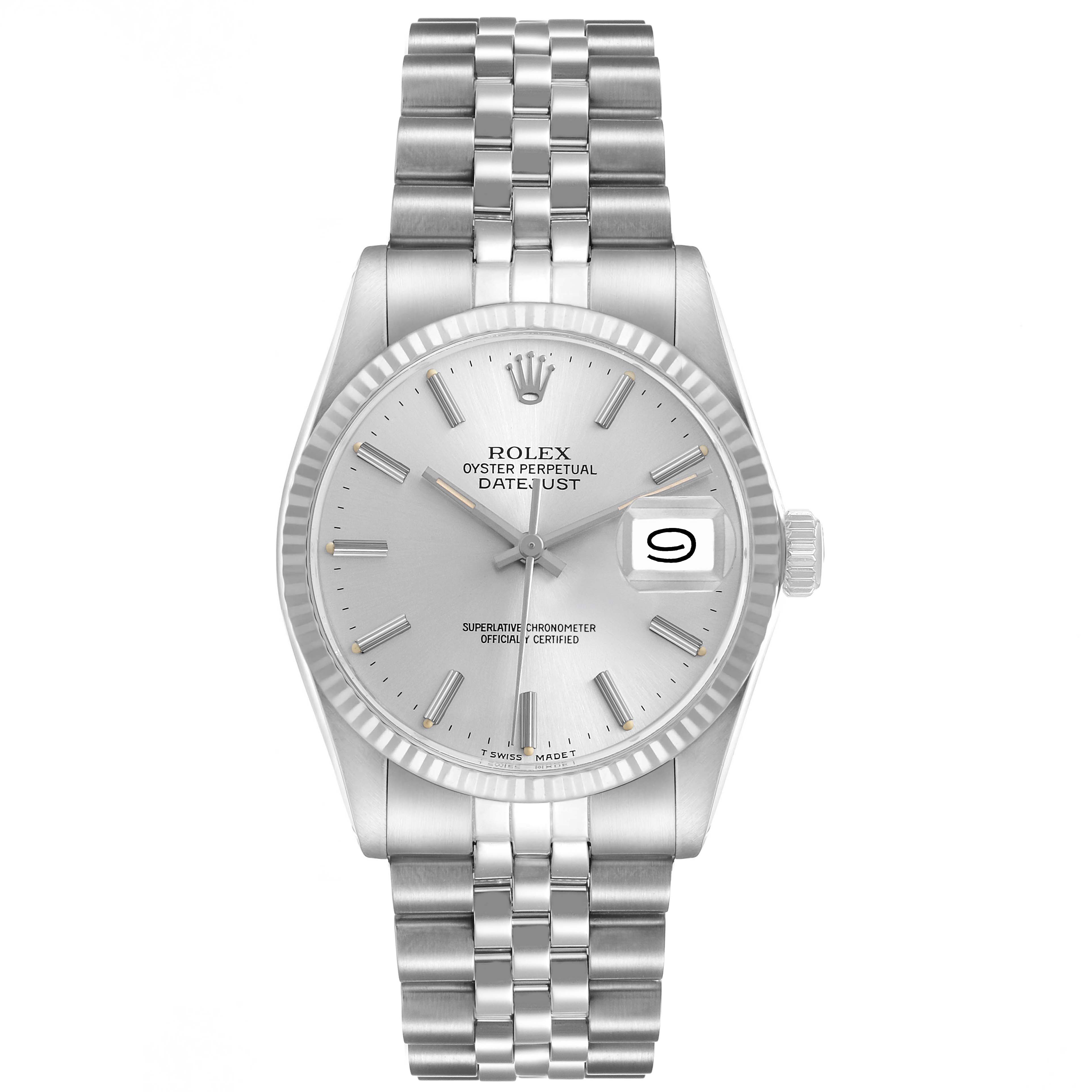 The Rolex Datejust 16014 Men's Stainless Steel Silver Dial watch is shown from a top-down angle, displaying the entire face, bezel, bracelet, and crown.