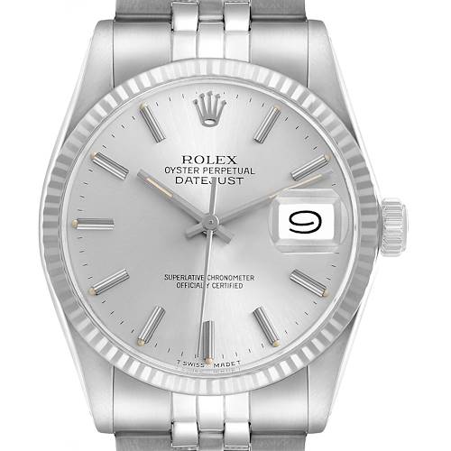 The Rolex Datejust 16014 Mens Stainless Steel Silver Dial watch is shown from a front angle, highlighting its silver dial, date window, and fluted bezel.