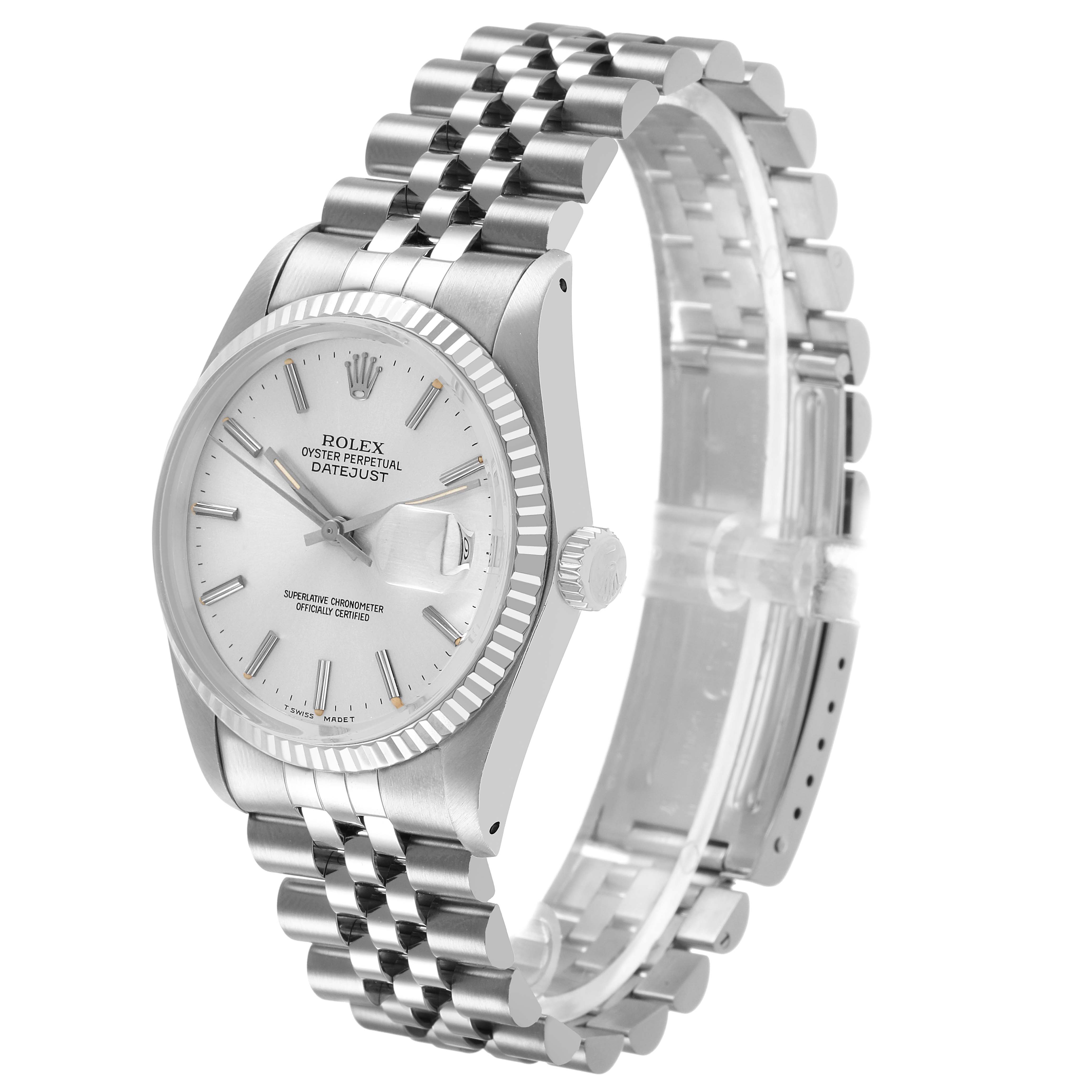 The Rolex Datejust 16014 Men's Stainless Steel Silver Dial watch is shown at a slight angle, highlighting the face, bezel, crown, and Jubilee bracelet.