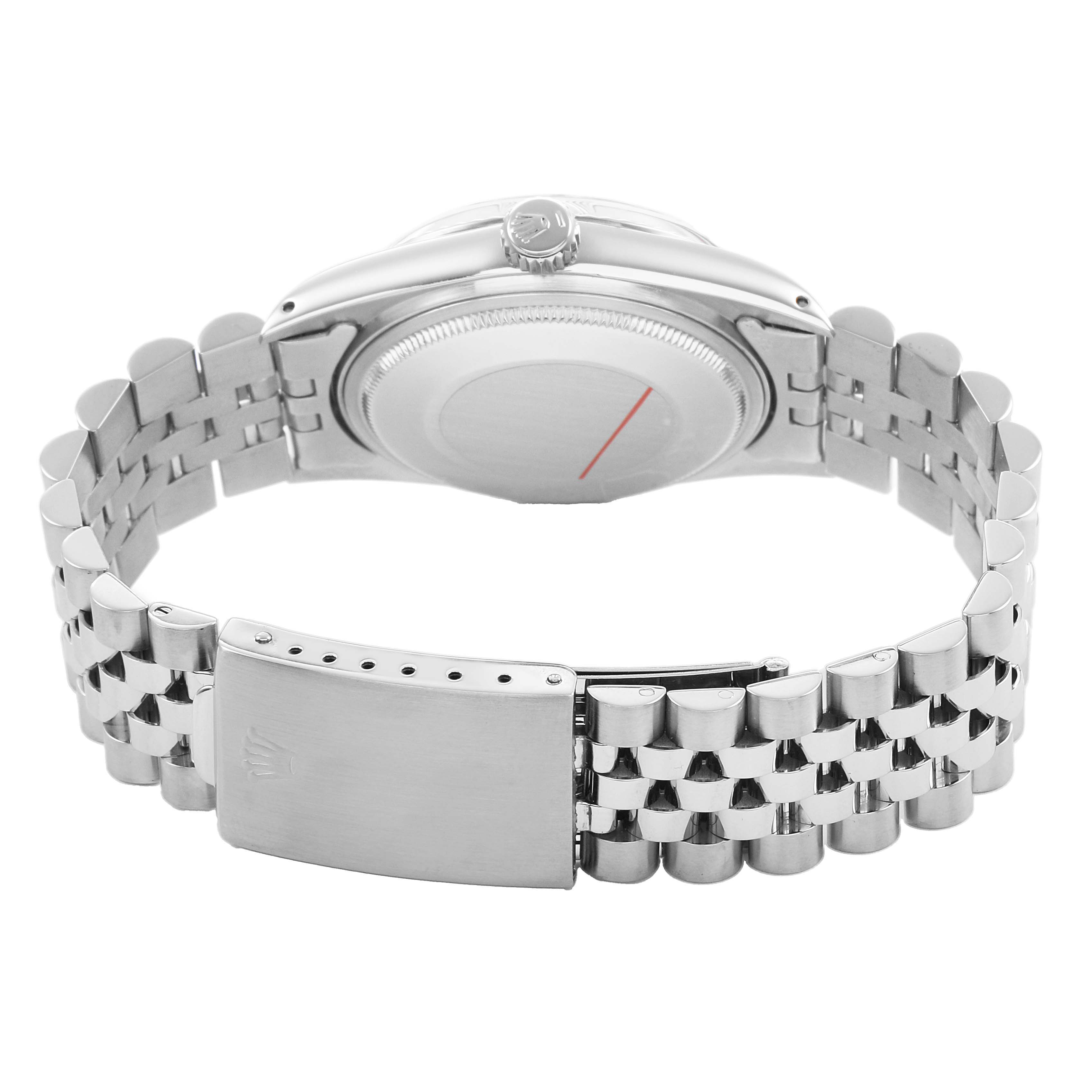 The image shows the back of a Rolex Datejust 16014 Men's Stainless Steel Silver Dial watch, featuring the case back, Jubilee bracelet, and clasp.