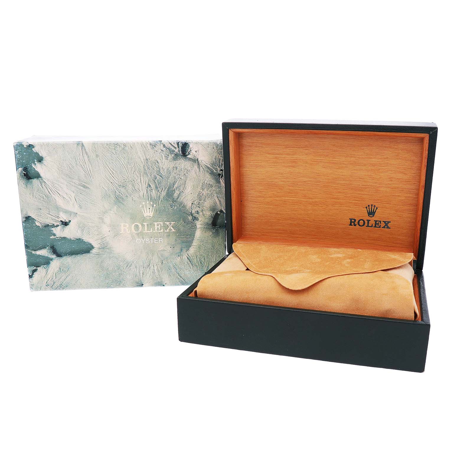 The image shows the Rolex Datejust 16014 Men's Stainless Steel Silver Dial packaging, including a marbled outer box and an open wooden interior box with a pouch.