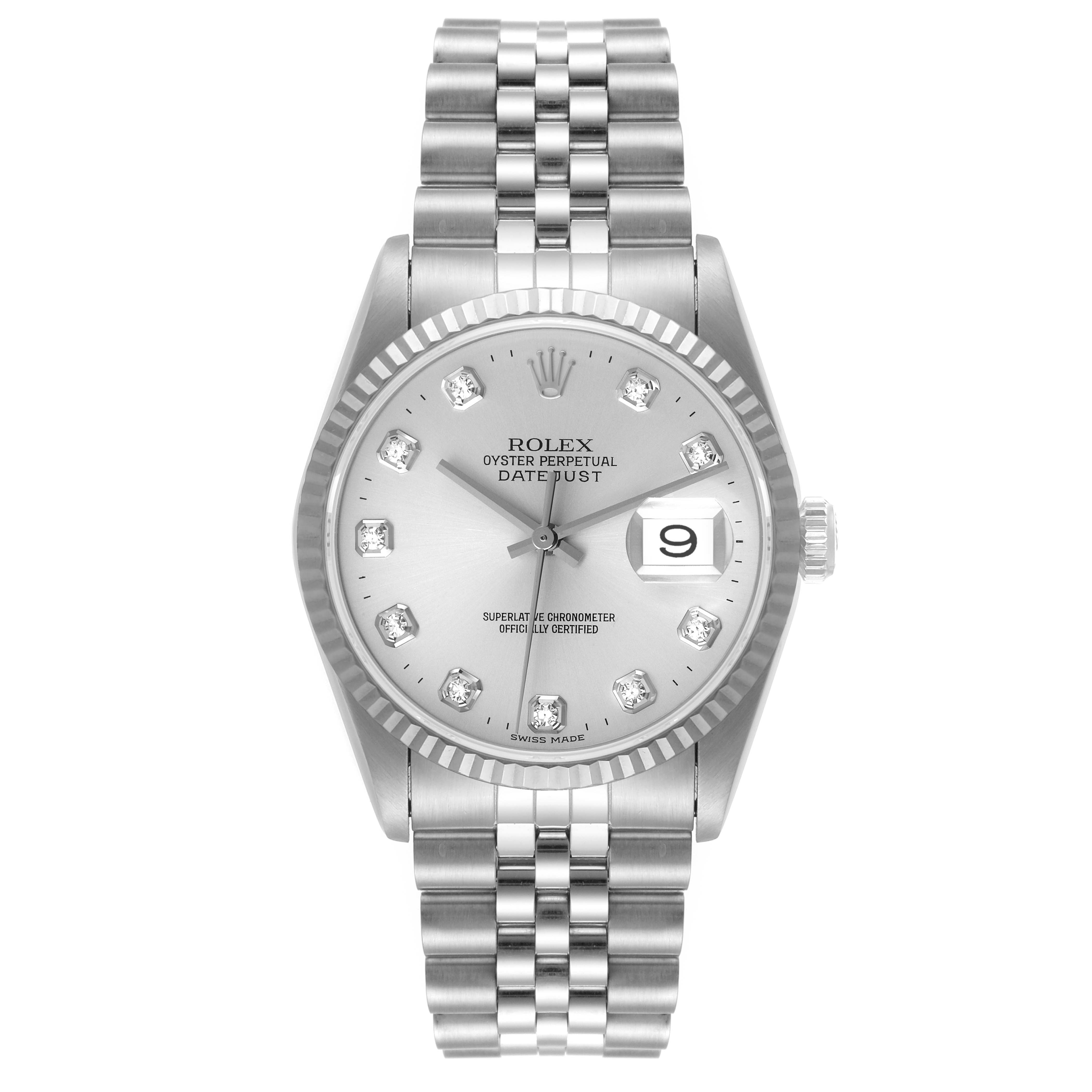 The image shows a front view of a Rolex Datejust 16234 Men's Stainless Steel Silver Dial 16234 Men's Stainless Steel Silver Dial watch, displaying the dial, hands, date window, and bracelet.
