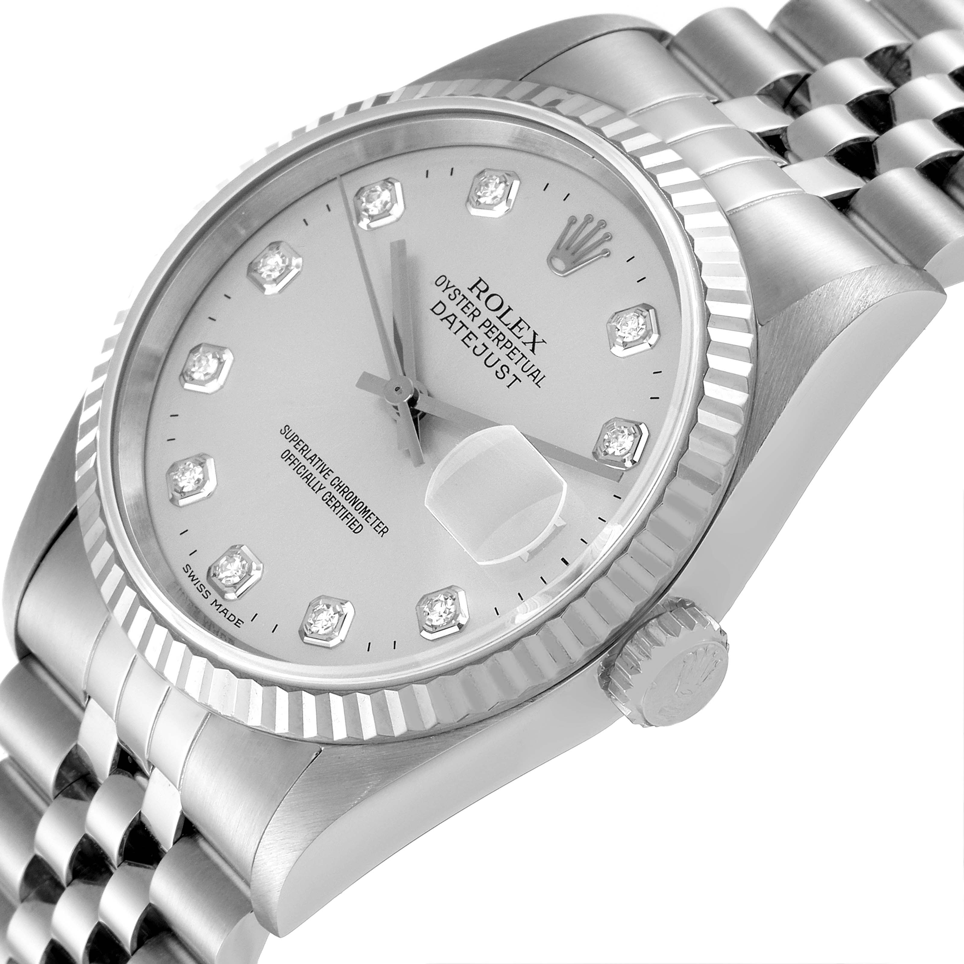 The image shows a close-up angled view of a Rolex Datejust 16234 Men's Stainless Steel Silver Dial 16234 Men's Stainless Steel Silver Dial watch, highlighting the dial, bezel, and part of the bracelet.