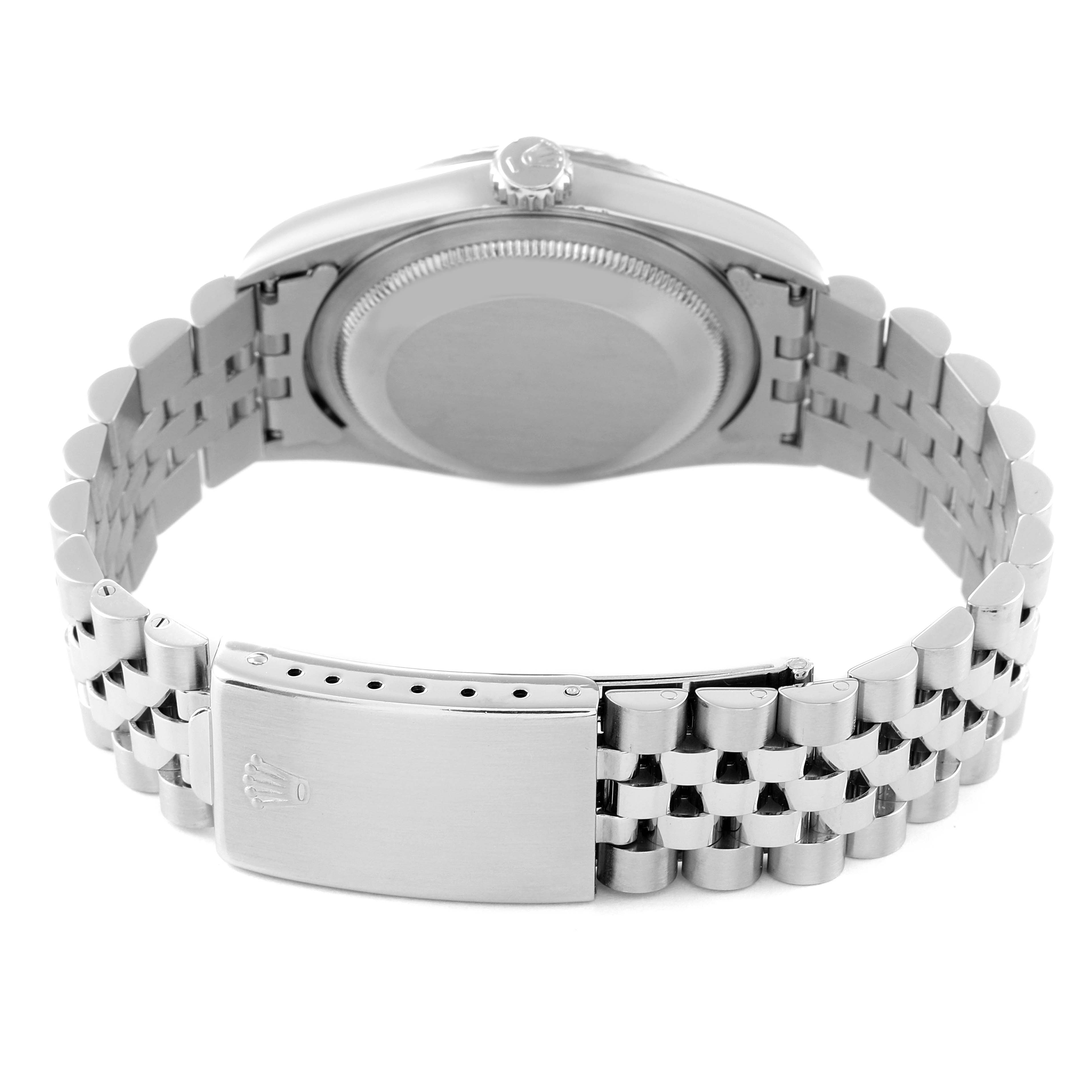 The image shows the back view of a Rolex Datejust 16234 Men's Stainless Steel Silver Dial 16234 Men's Stainless Steel Silver Dial watch, highlighting its case back and metal bracelet with clasp.