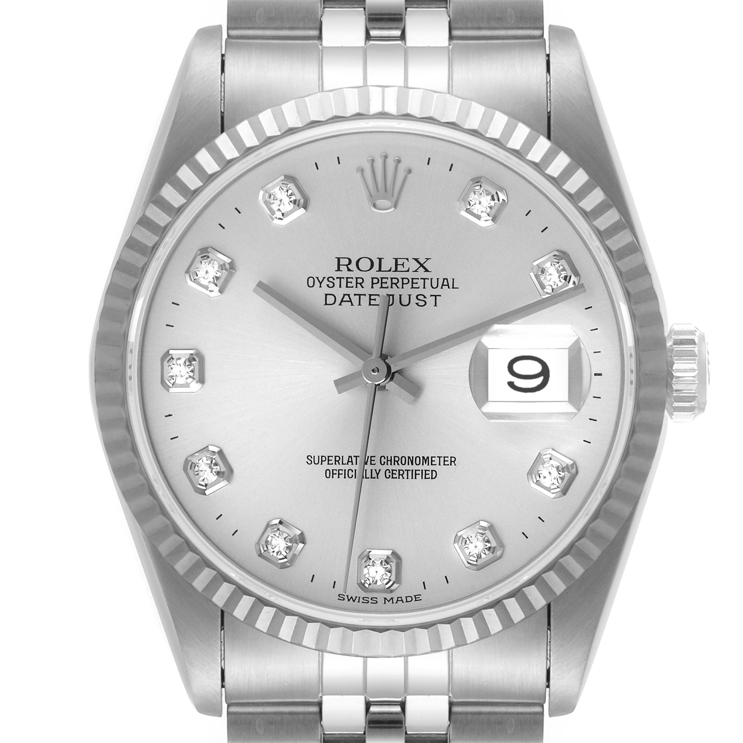 This image shows a front view of the Rolex Datejust 16234 Men's Stainless Steel Silver Dial 16234 Men's Stainless Steel Silver Dial watch, including the dial, bezel, crown, and part of the bracelet.