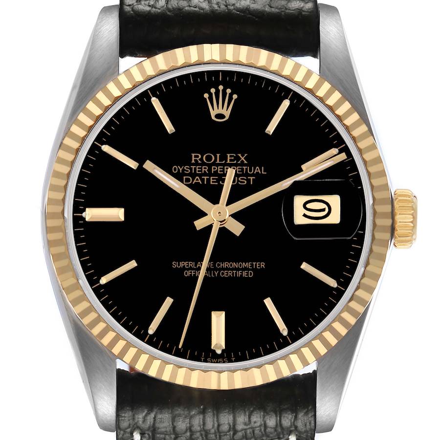 The Rolex Datejust watch is shown from the front, highlighting its black dial, gold fluted bezel, and date display.