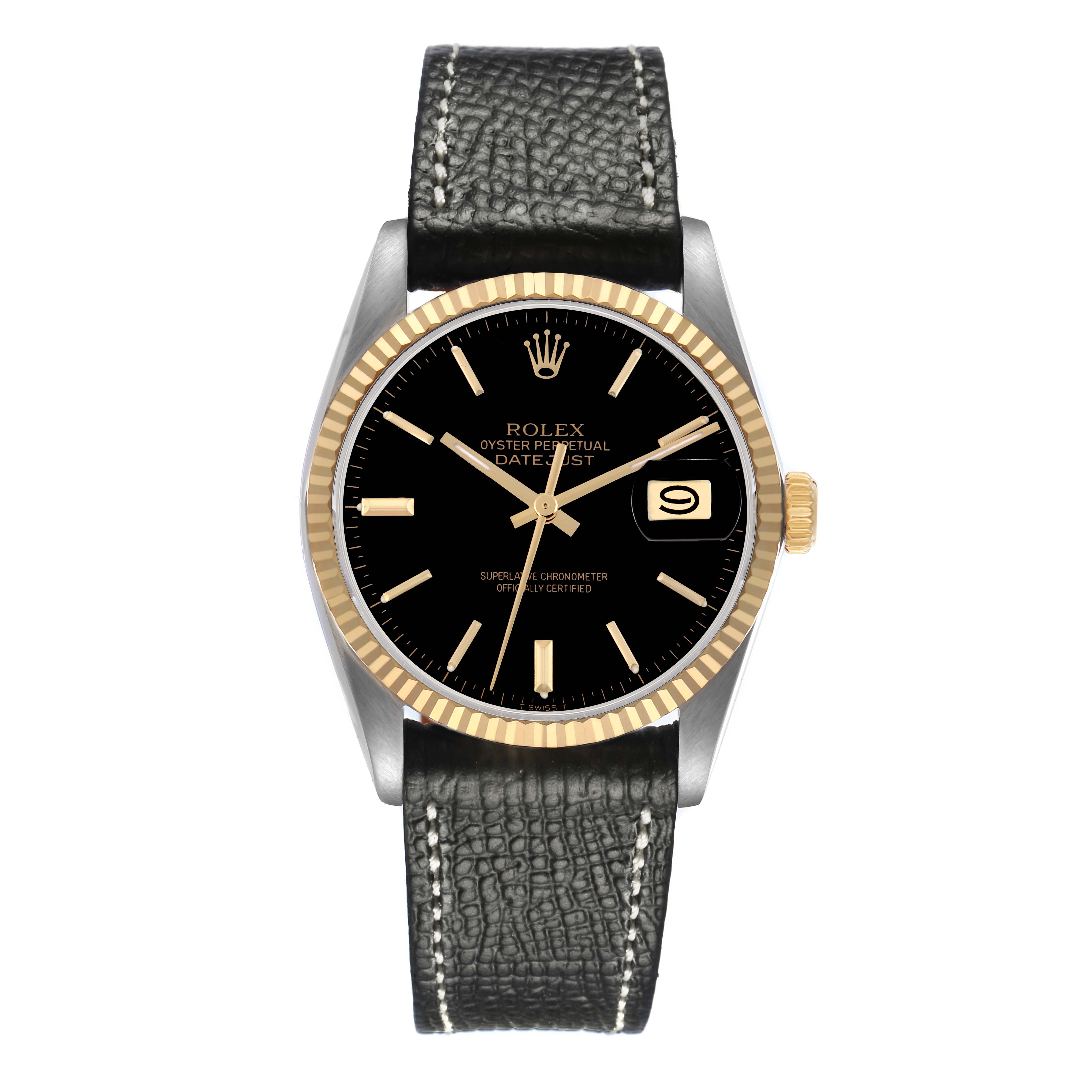 The Rolex Datejust 16013 Men
s Steel and Gold (two tone) Black Dial 16013 Men
s Steel and Gold (two tone) Black Dial is shown in a front view, displaying its black dial, gold fluted bezel, and black leather strap.