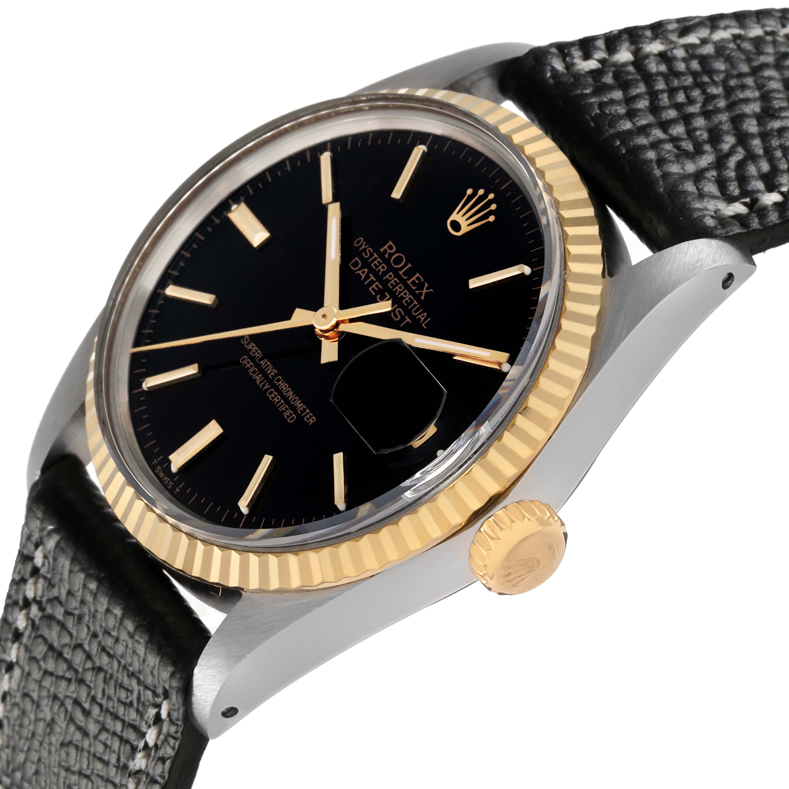 The Rolex Datejust 16013 Men
s Steel and Gold (two tone) Black Dial 16013 Men
s Steel and Gold (two tone) Black Dial watch is shown at an oblique angle highlighting the bezel, dial, crown, and part of the strap.