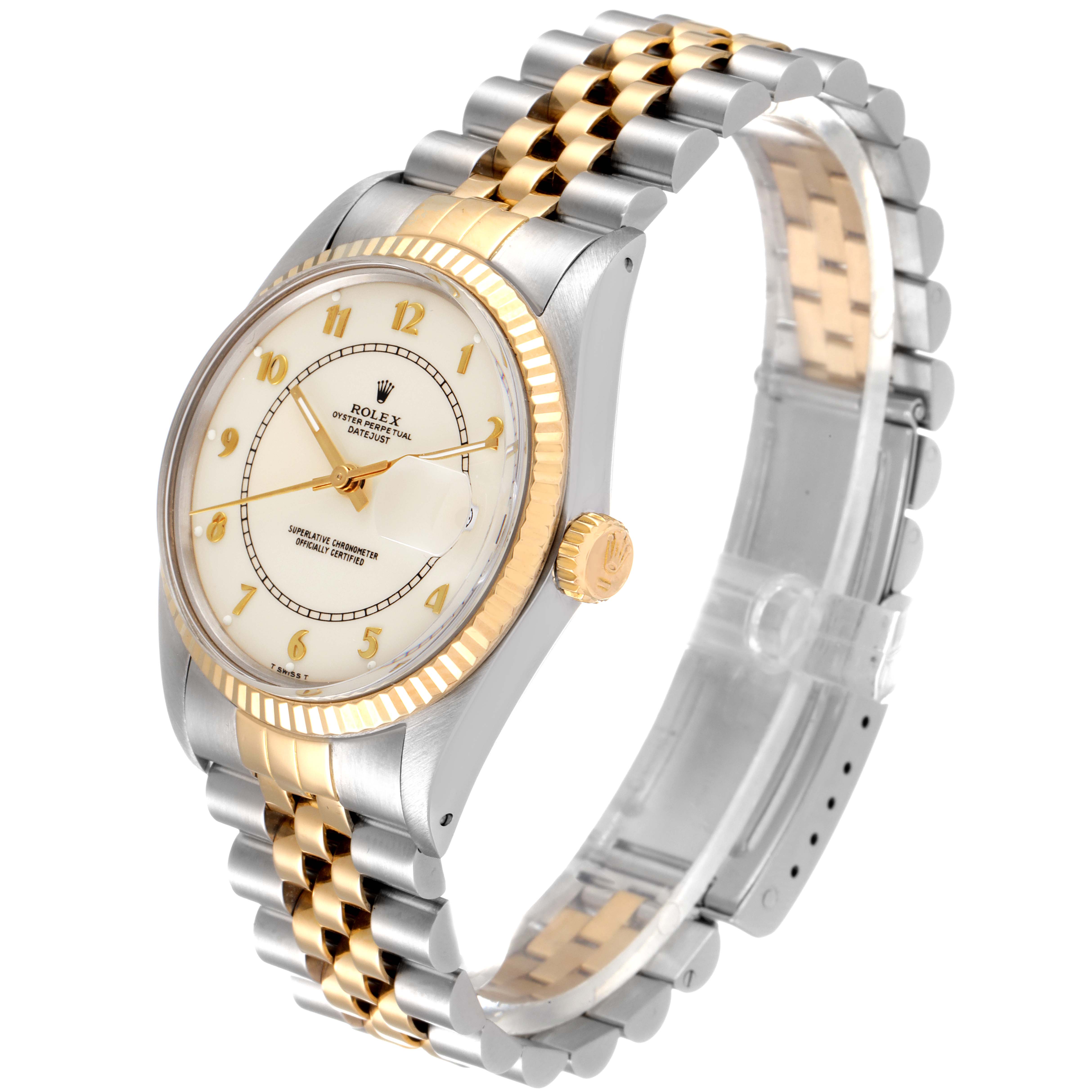 The image shows a side angle of the Rolex Vintage Collection 16013 Men's Steel and Gold (two tone) White Dial 16013 Men's Steel and Gold (two tone) White Dial watch featuring its face, bezel, crown, and part of the bracelet.