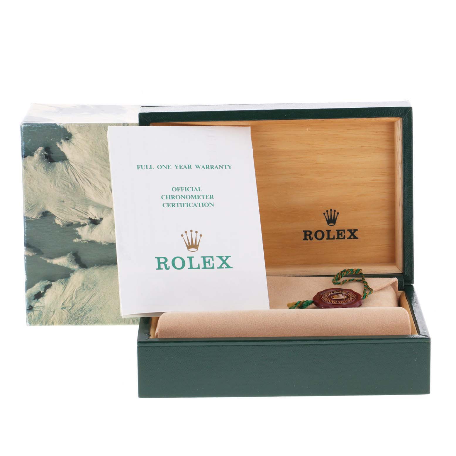 This image shows the packaging and accessories, including the warranty card, for a Rolex Vintage Collection 16013 Men's Steel and Gold (two tone) White Dial 16013 Men's Steel and Gold (two tone) White Dial watch.