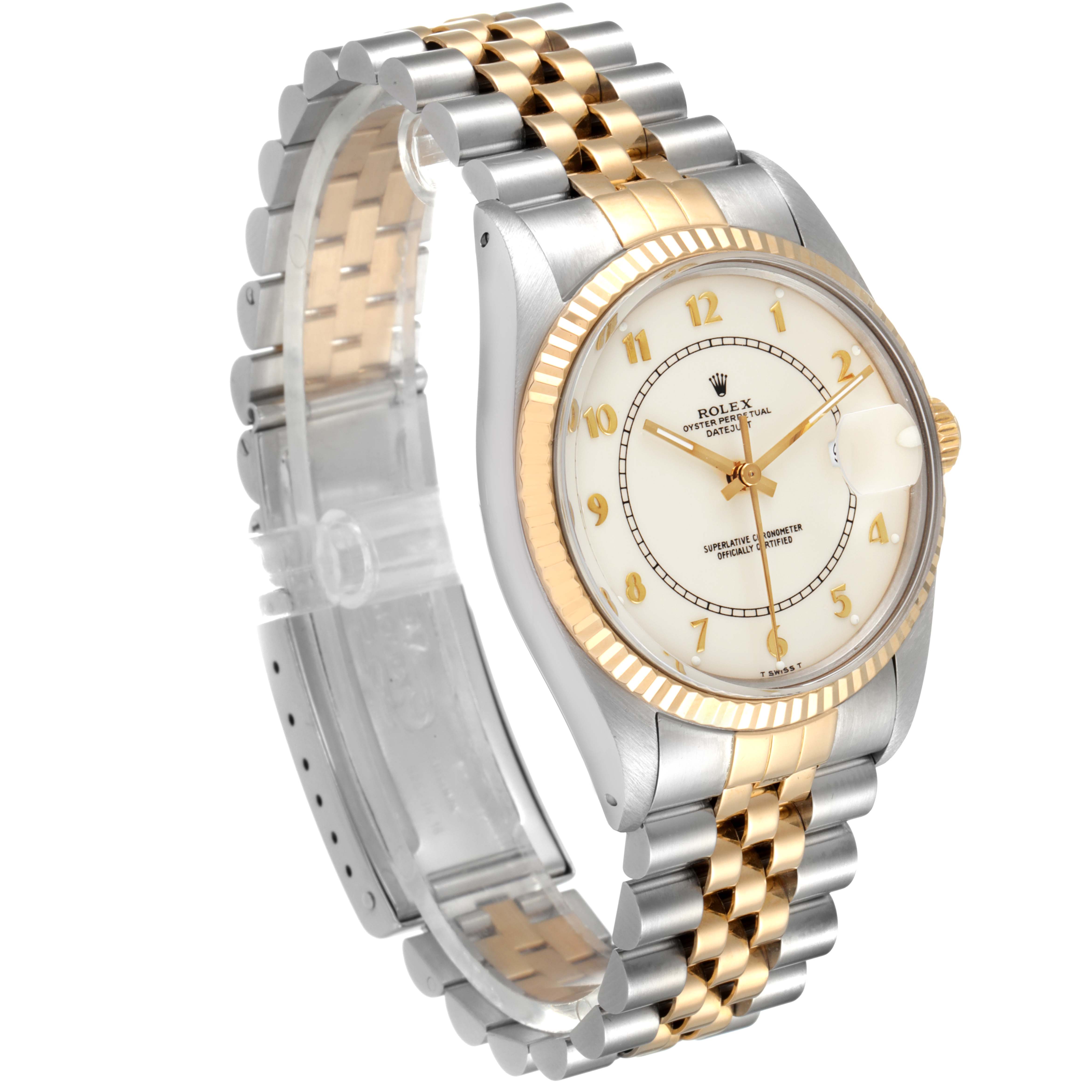 This image shows a Vintage Collection Rolex watch angled to display its face, bezel, and bi-color bracelet.