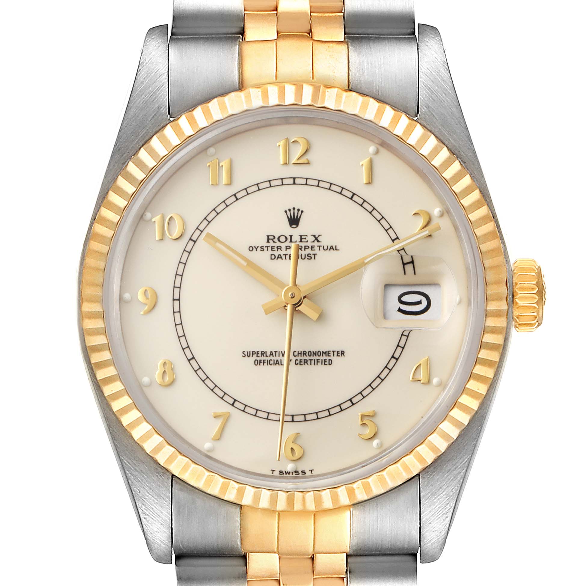 The image shows a front view of a Rolex Vintage Collection 16013 Men's Steel and Gold (two tone) White Dial 16013 Men's Steel and Gold (two tone) White Dial model, highlighting its dial, bezel, and two-tone bracelet.