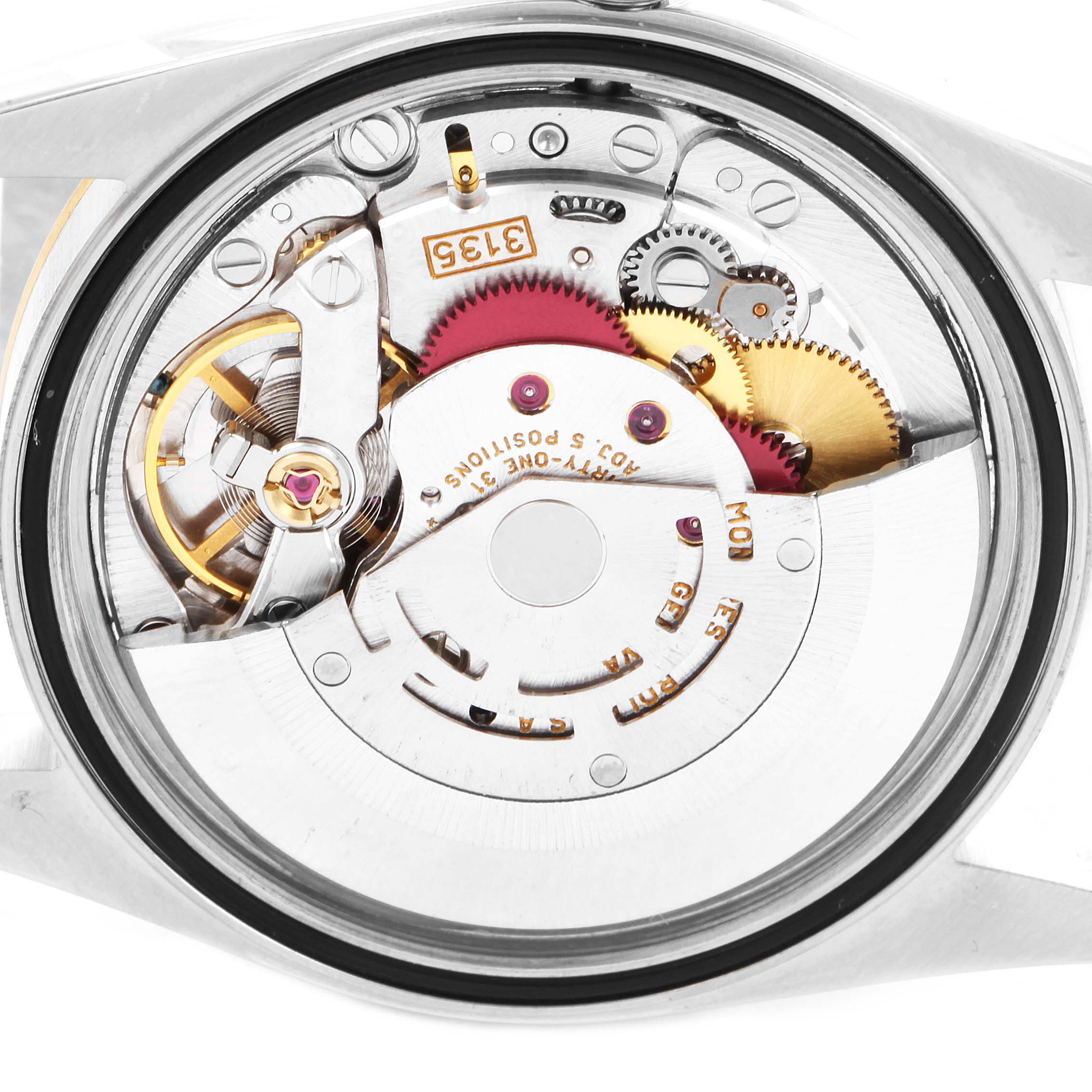 This is an image of the Rolex Datejust 16233 Men's Steel and Gold (two tone) Champagne Dial 16233 Men's Steel and Gold (two tone) Champagne Dial watch's movement, showing the intricate internal components from the back.