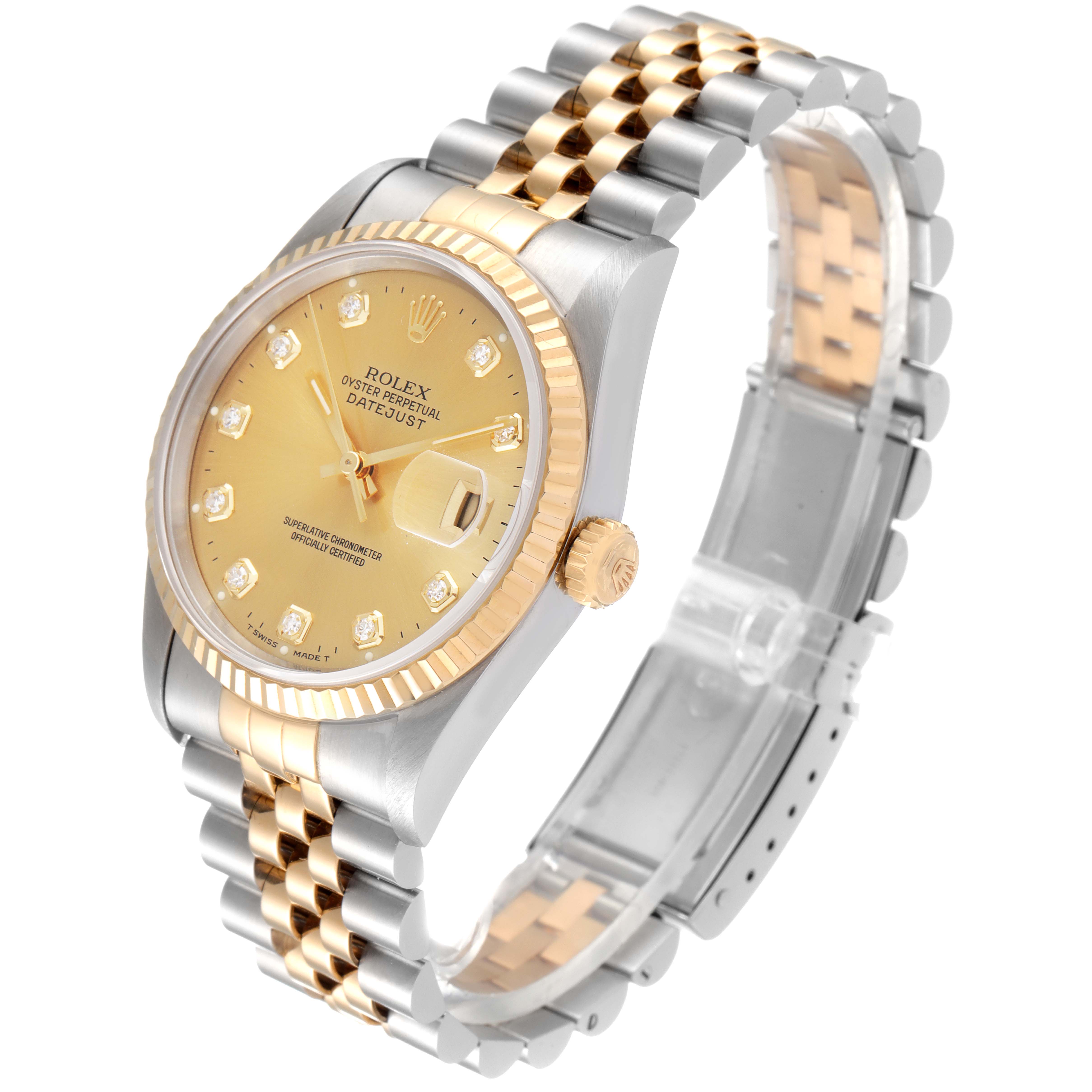 The image shows a Rolex Datejust 16233 Men's Steel and Gold (two tone) Champagne Dial 16233 Men's Steel and Gold (two tone) Champagne Dial watch at a slight angle, highlighting its dial, bezel, crown, and two-tone bracelet.