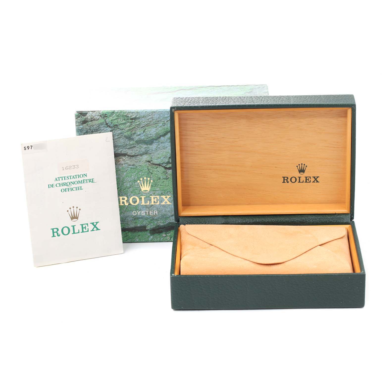 The image shows a Rolex Datejust 16233 Men's Steel and Gold (two tone) Champagne Dial 16233 Men's Steel and Gold (two tone) Champagne Dial watch box, documentation, and inner packaging from a front angle.