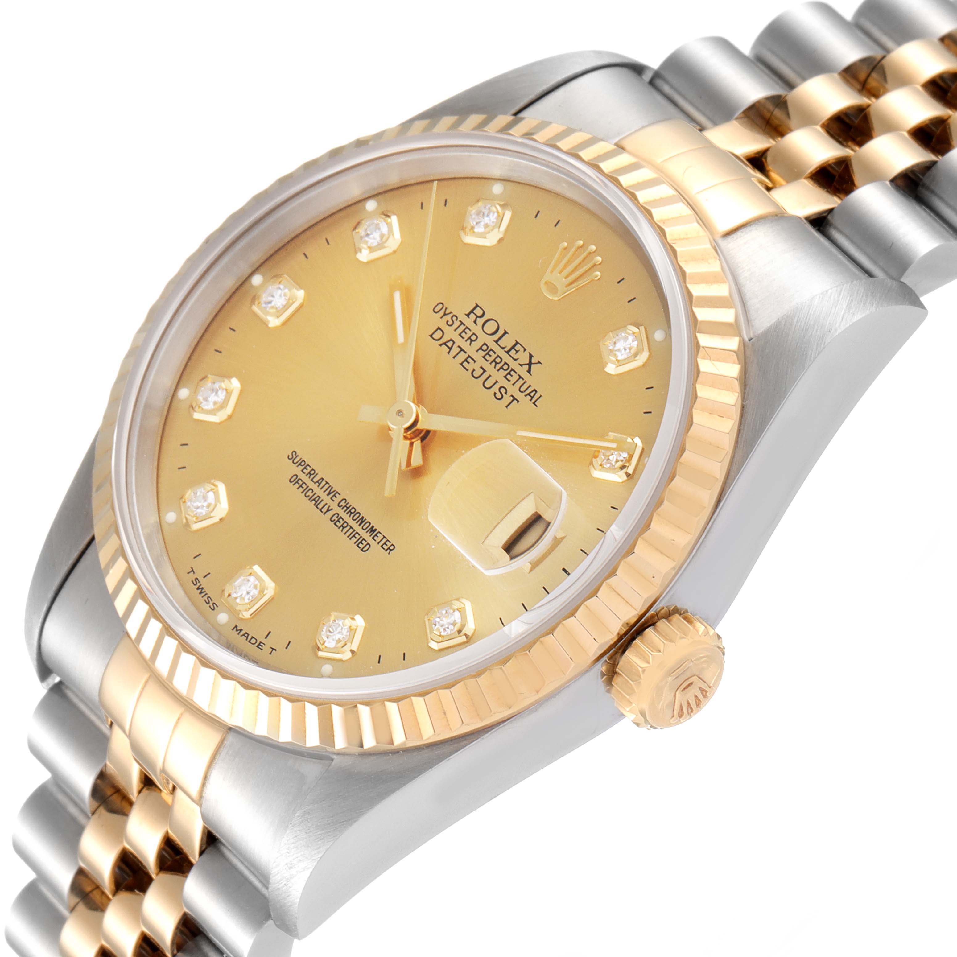 This image shows a Rolex Datejust 16233 Men's Steel and Gold (two tone) Champagne Dial 16233 Men's Steel and Gold (two tone) Champagne Dial watch at a slight angle, highlighting the dial, bezel, crown, and part of the bracelet.