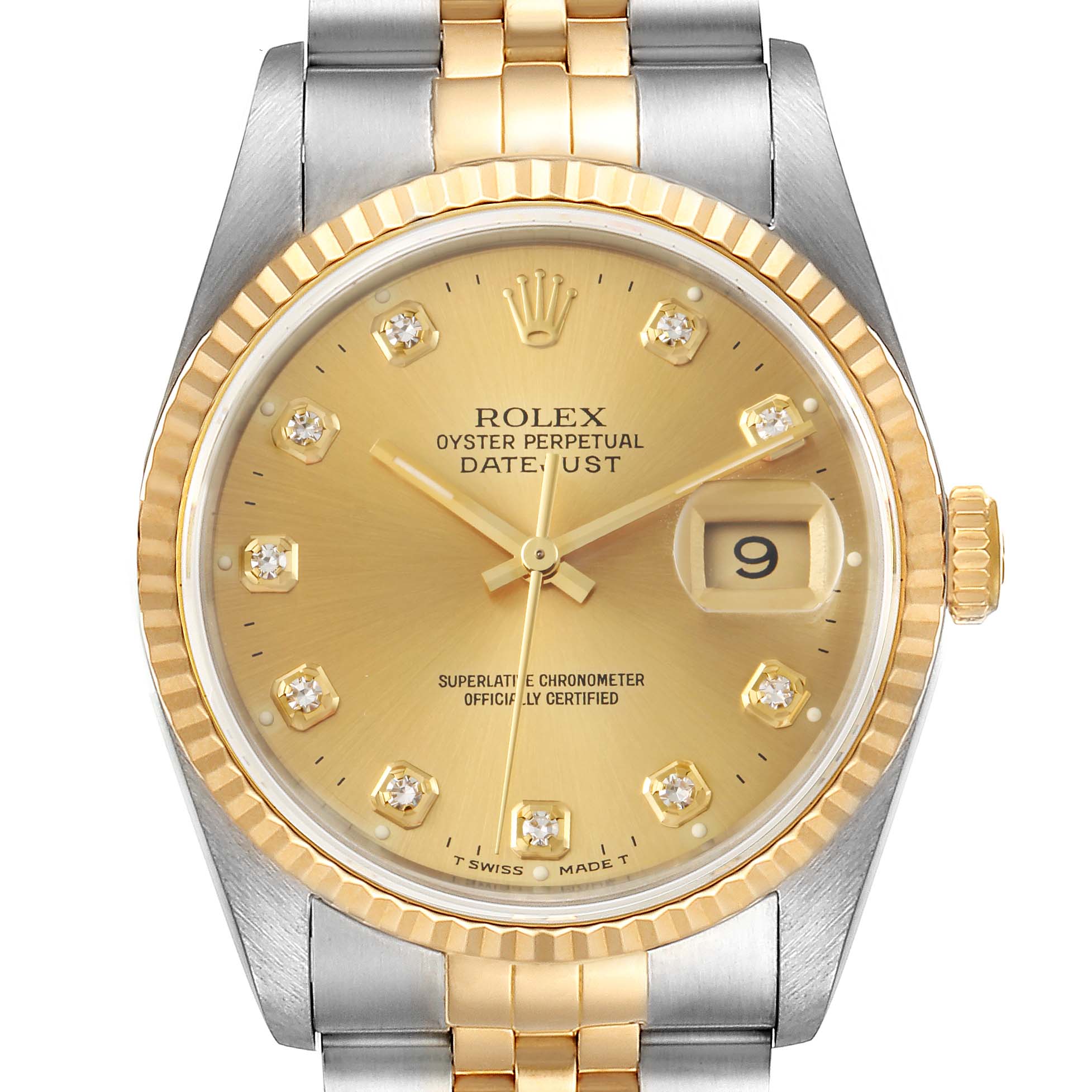 The image shows a frontal view of a Rolex Datejust 16233 Men's Steel and Gold (two tone) Champagne Dial 16233 Men's Steel and Gold (two tone) Champagne Dial watch with a gold dial and contrasting two-tone band.