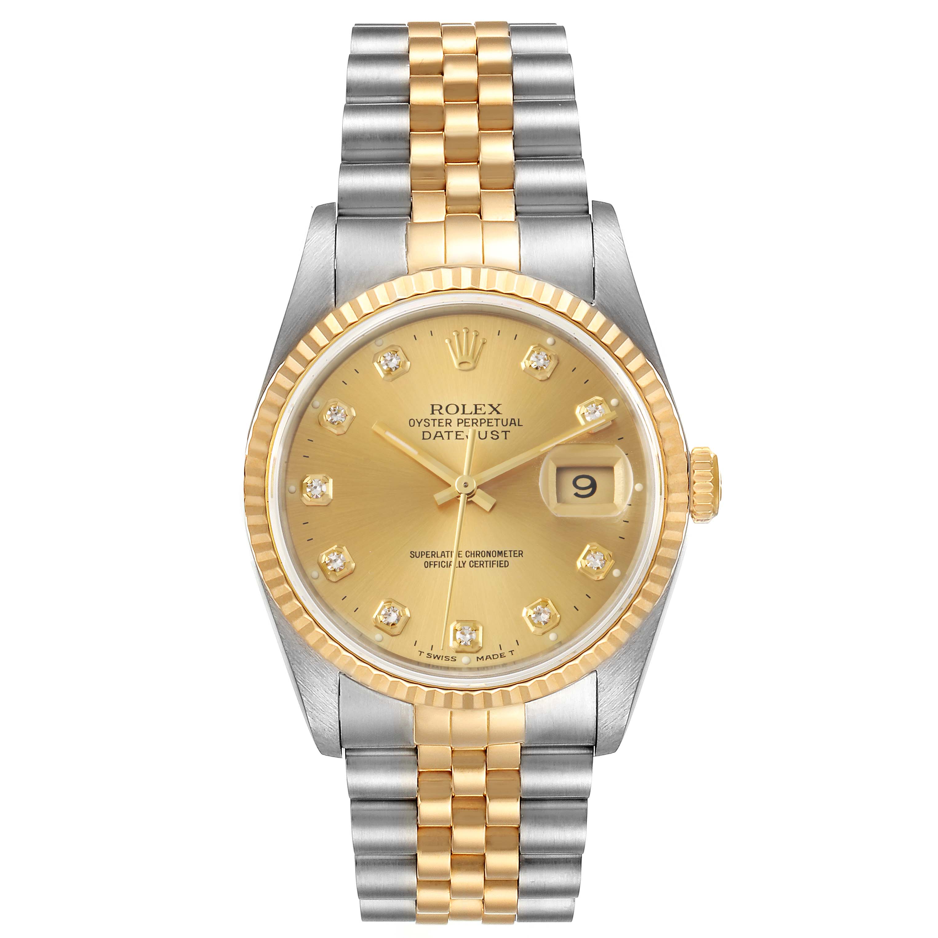 The image shows a front view of a Rolex Datejust 16233 Men's Steel and Gold (two tone) Champagne Dial 16233 Men's Steel and Gold (two tone) Champagne Dial watch with a two-tone bracelet, gold dial, fluted bezel, and date window at 3 o'clock.