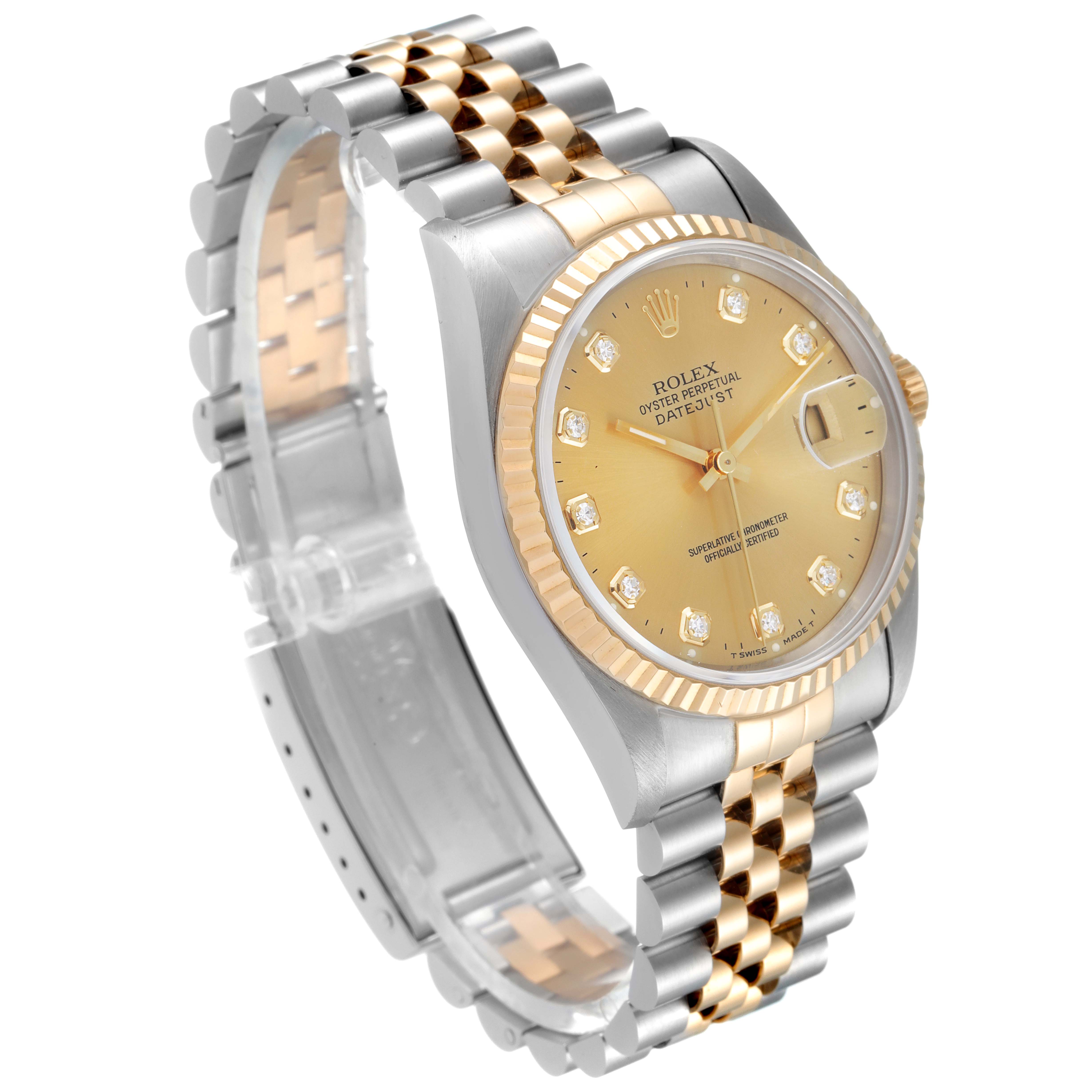 The image shows a Rolex Datejust 16233 Men's Steel and Gold (two tone) Champagne Dial 16233 Men's Steel and Gold (two tone) Champagne Dial watch photographed at a three-quarter angle, displaying the face, bezel, and bracelet.