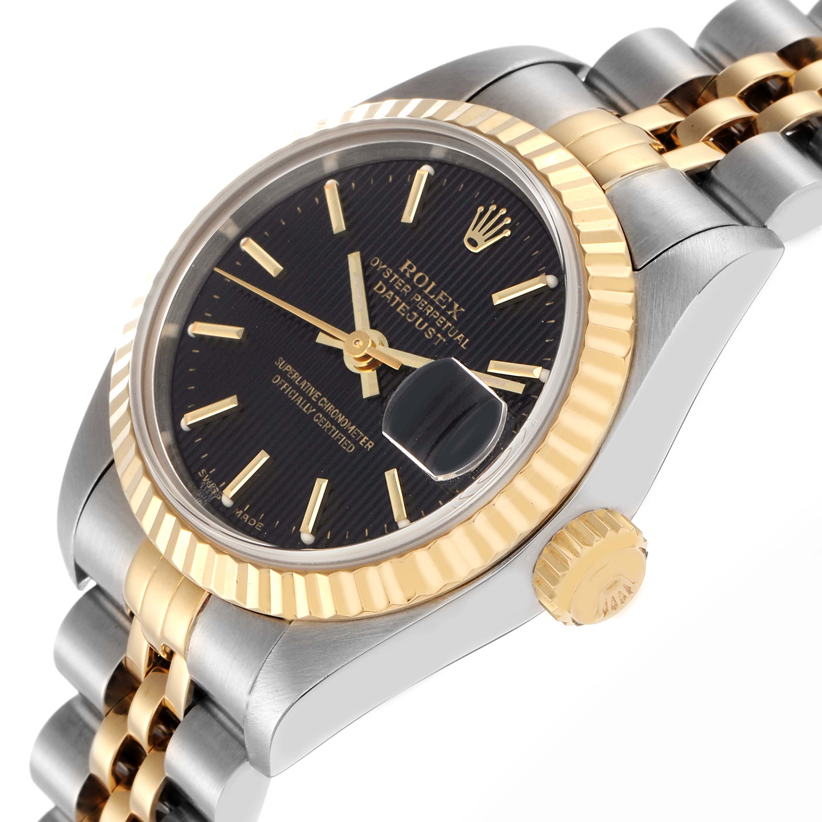 The Rolex Datejust 69173 Women's Steel and Gold (two tone) Black Dial 69173 Women's Steel and Gold (two tone) Black Dial watch is shown at an oblique angle displaying the black dial, gold fluted bezel, crown, and two-tone Jubilee bracelet.