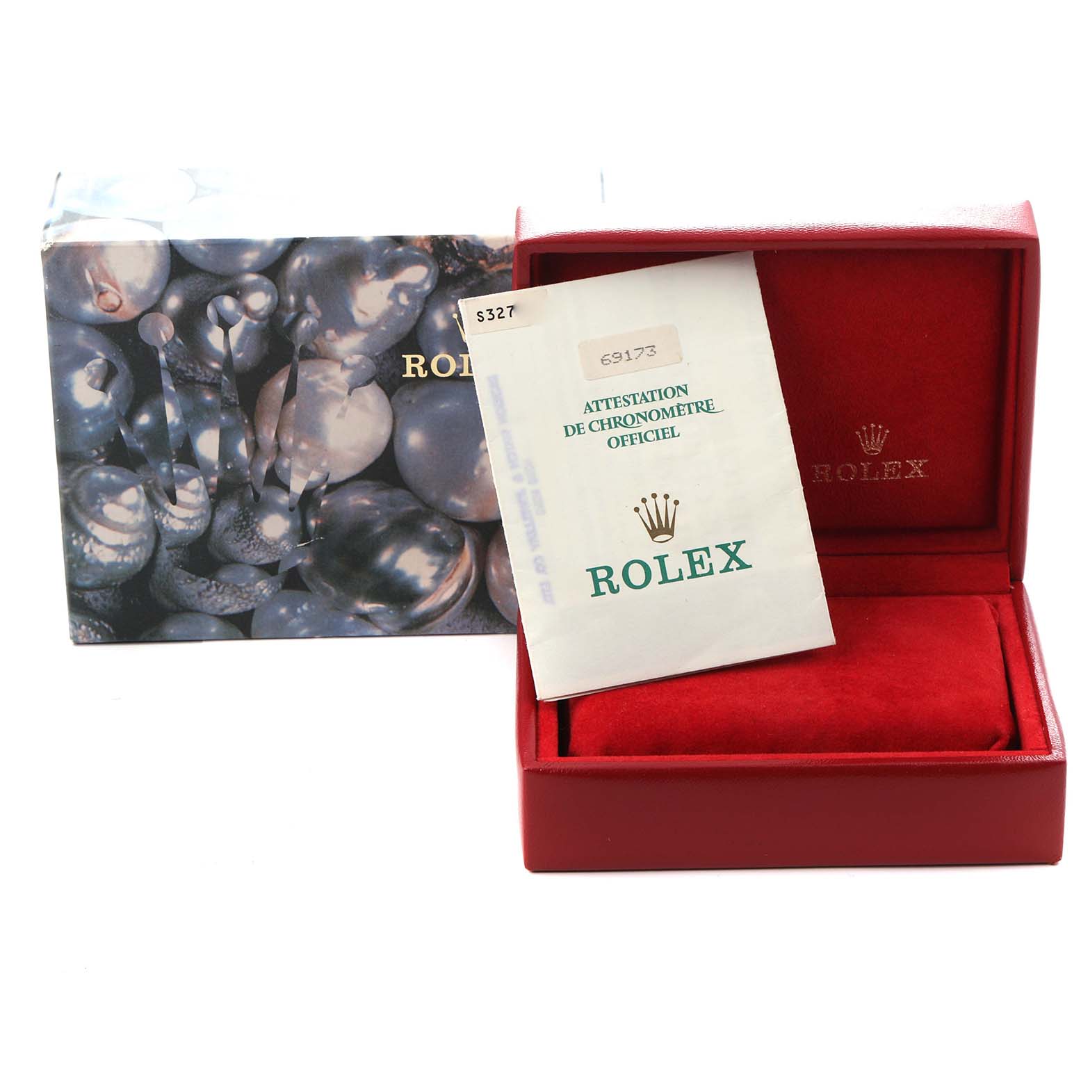 The image shows a Rolex Datejust 69173 Women's Steel and Gold (two tone) Black Dial 69173 Women's Steel and Gold (two tone) Black Dial box set including a watch box, outer packaging, and official documentation.