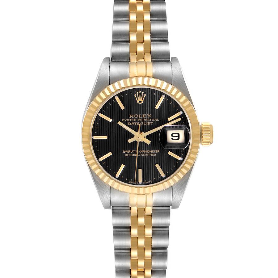 The Rolex Datejust watch is shown from the front, highlighting the gold bezel, black dial, date, and two-tone bracelet.