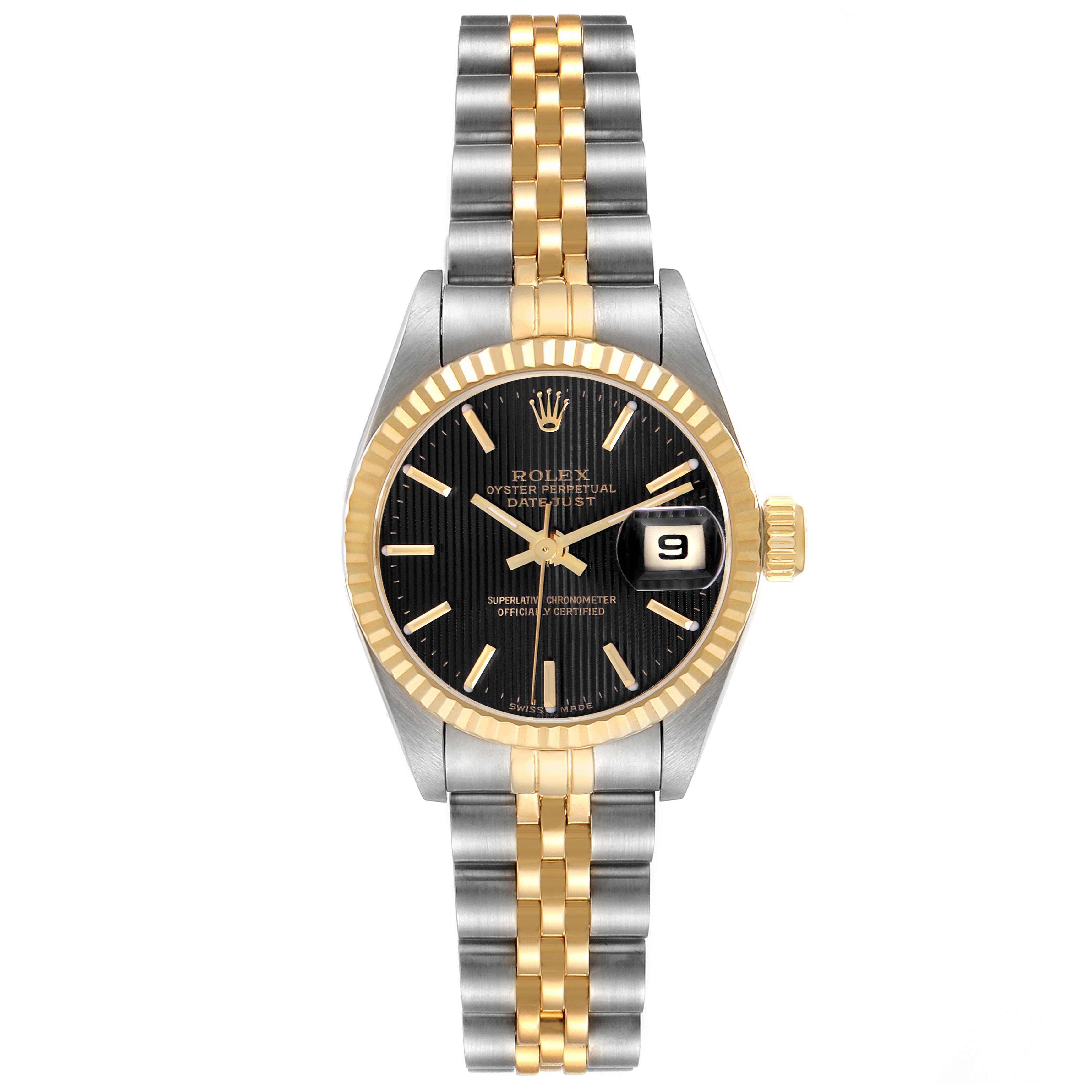 The Rolex Datejust 69173 Women's Steel and Gold (two tone) Black Dial 69173 Women's Steel and Gold (two tone) Black Dial watch is shown from a top-down angle, displaying the bezel, dial, bracelet, and crown.