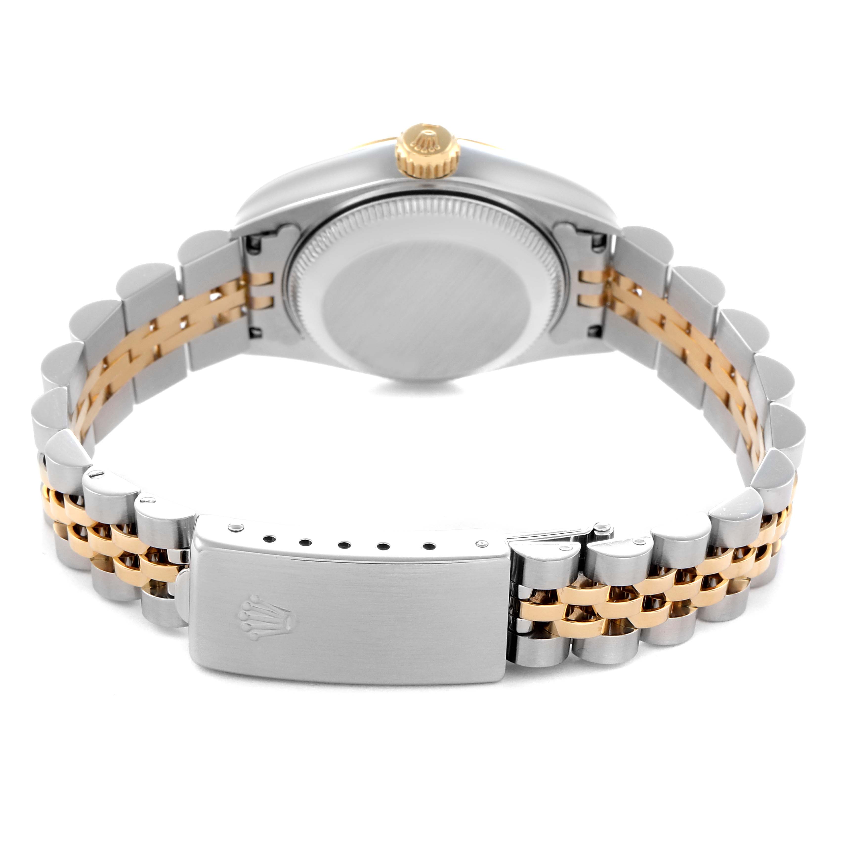 The image shows the back of a Rolex Datejust 69173 Women's Steel and Gold (two tone) Black Dial 69173 Women's Steel and Gold (two tone) Black Dial, focusing on the bracelet and clasp with the crown logo visible.