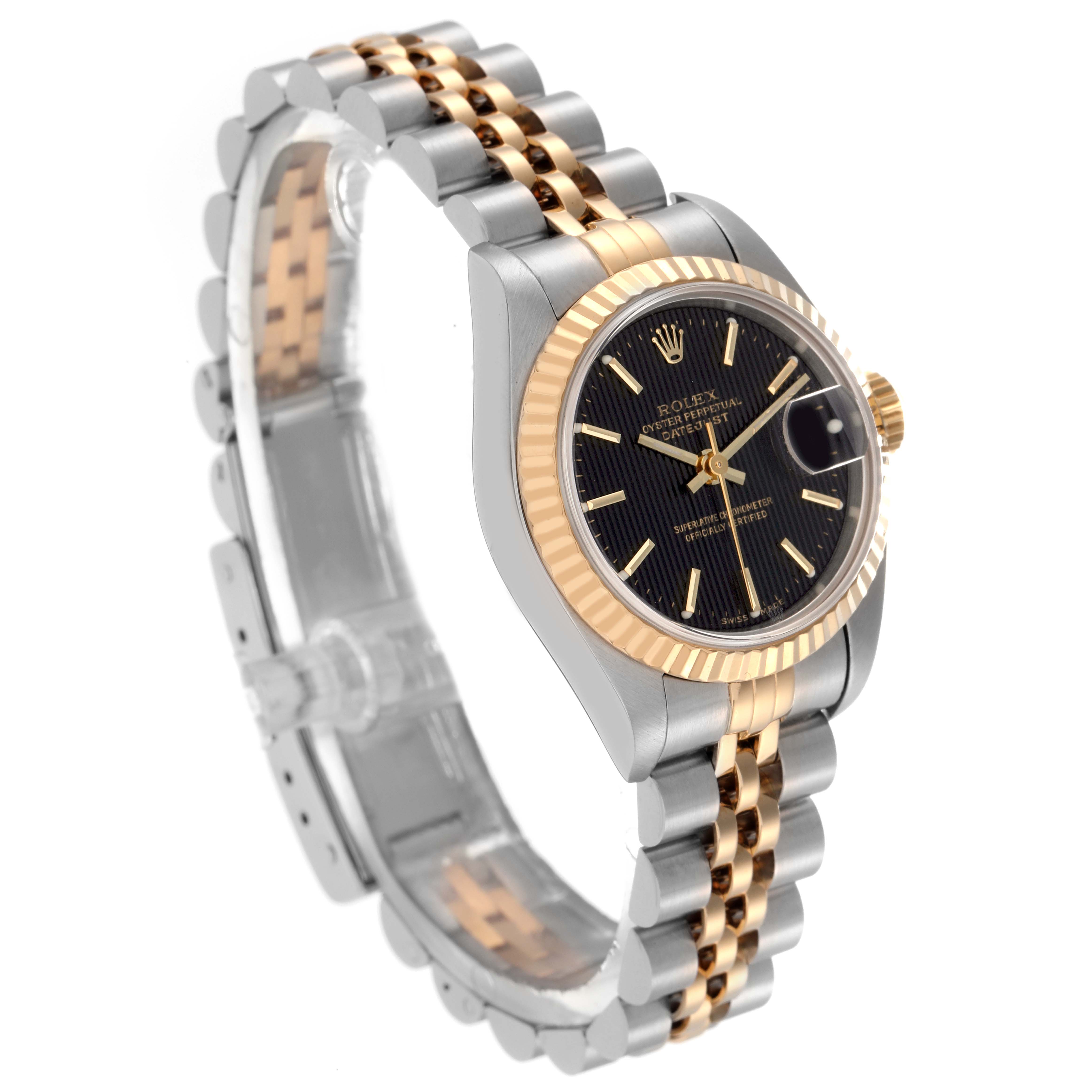 The Rolex Datejust 69173 Women's Steel and Gold (two tone) Black Dial 69173 Women's Steel and Gold (two tone) Black Dial watch is shown at a three-quarter angle, highlighting the face, bezel, and two-tone bracelet.