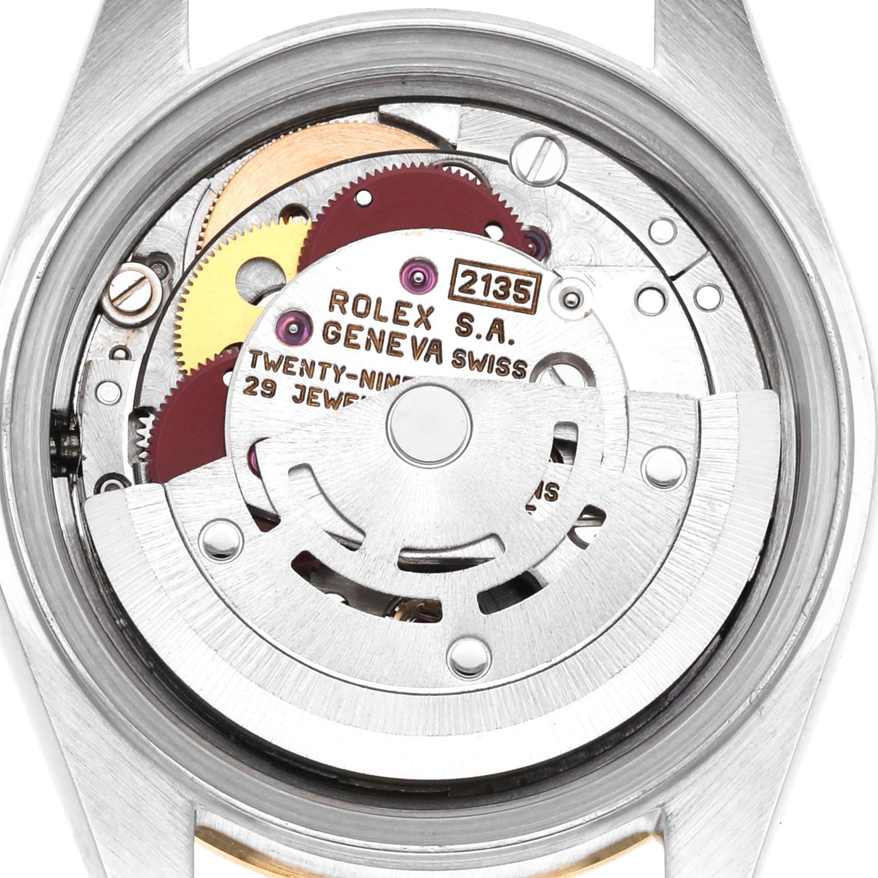 The image shows the movement of a Rolex Datejust 69173 Women's Steel and Gold (two tone) Black Dial 69173 Women's Steel and Gold (two tone) Black Dial watch from a top-down angle, highlighting its intricate internal mechanism.