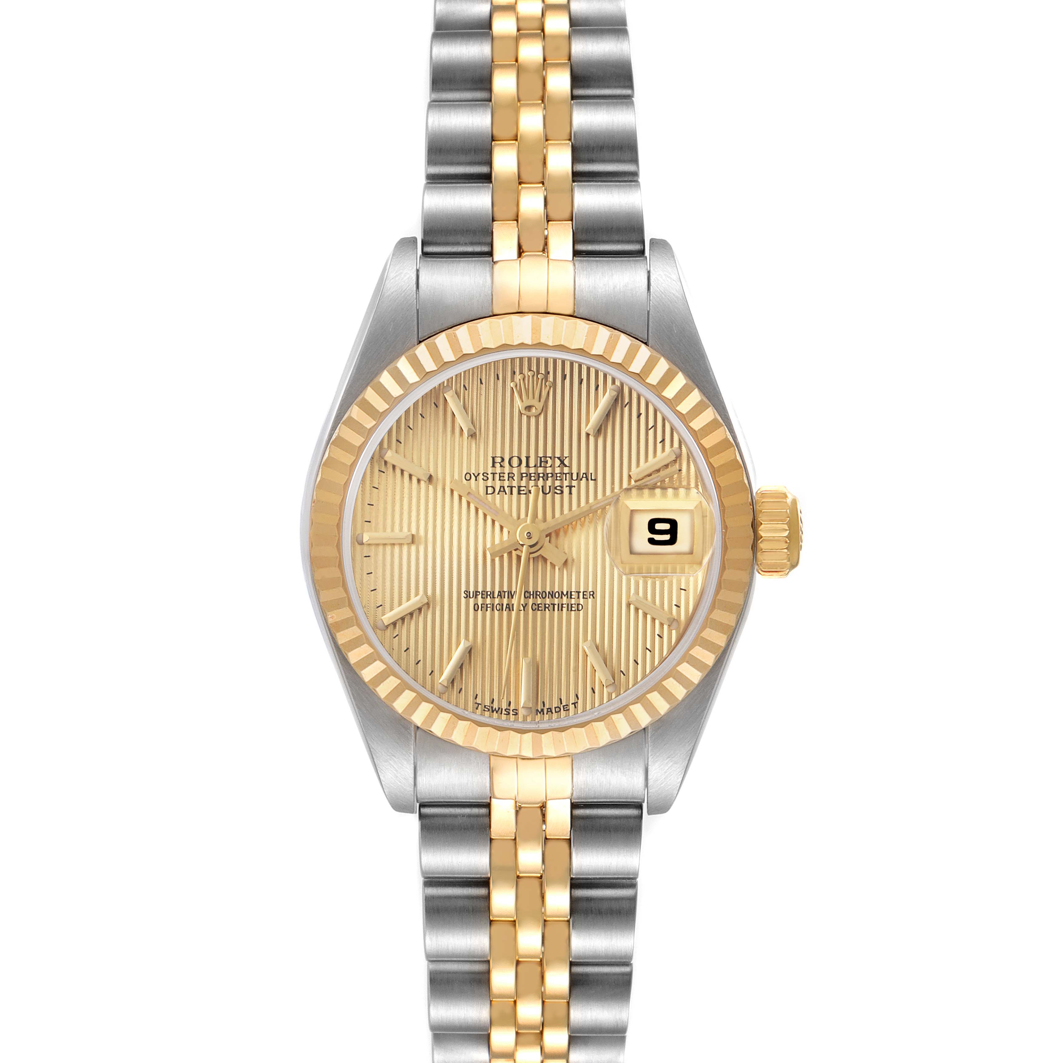 The Rolex Datejust 79173 Women
s Steel and Gold (two tone) Champagne Dial 79173 Women
s Steel and Gold (two tone) Champagne Dial watch is shown from a top view, displaying the dial, bezel, and Jubilee bracelet.