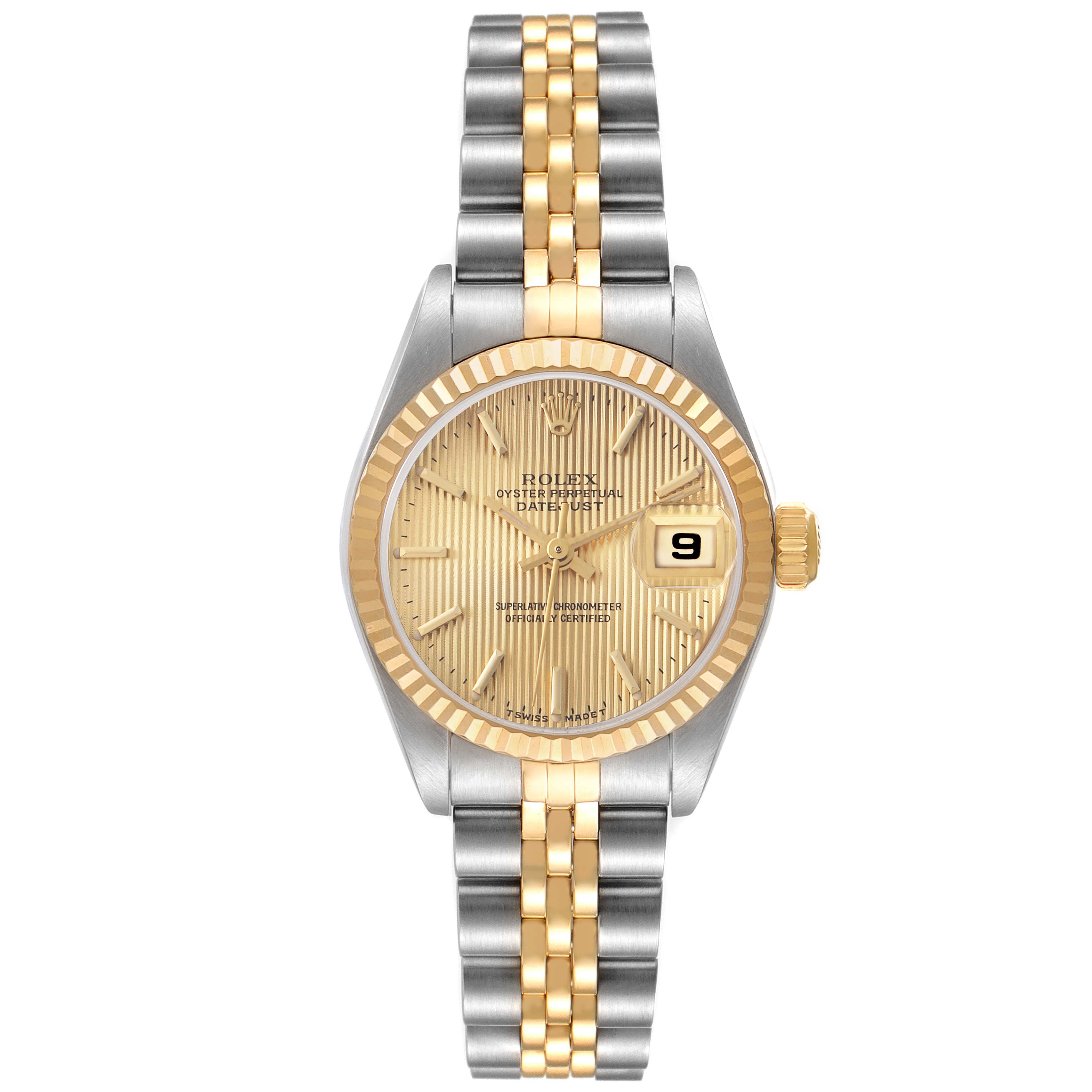 The Rolex Datejust 79173 Women
s Steel and Gold (two tone) Champagne Dial 79173 Women
s Steel and Gold (two tone) Champagne Dial watch is shown from the front, displaying the dial, bezel, case, date window, and two-tone bracelet.