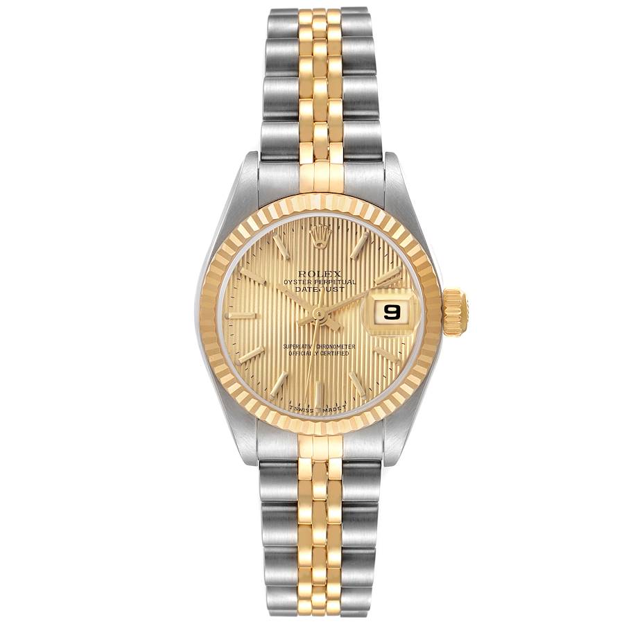The Rolex Datejust watch is shown from the front, displaying the dial, bezel, case, date window, and two-tone bracelet.