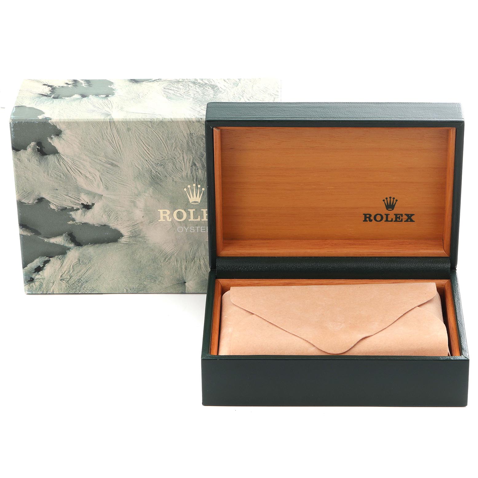 The image shows an open Rolex Datejust 16013 Men
s Steel and Gold (two tone) Champagne Dial 16013 Men
s Steel and Gold (two tone) Champagne Dial box with a beige pouch inside and the outer sleeve displayed beside it.