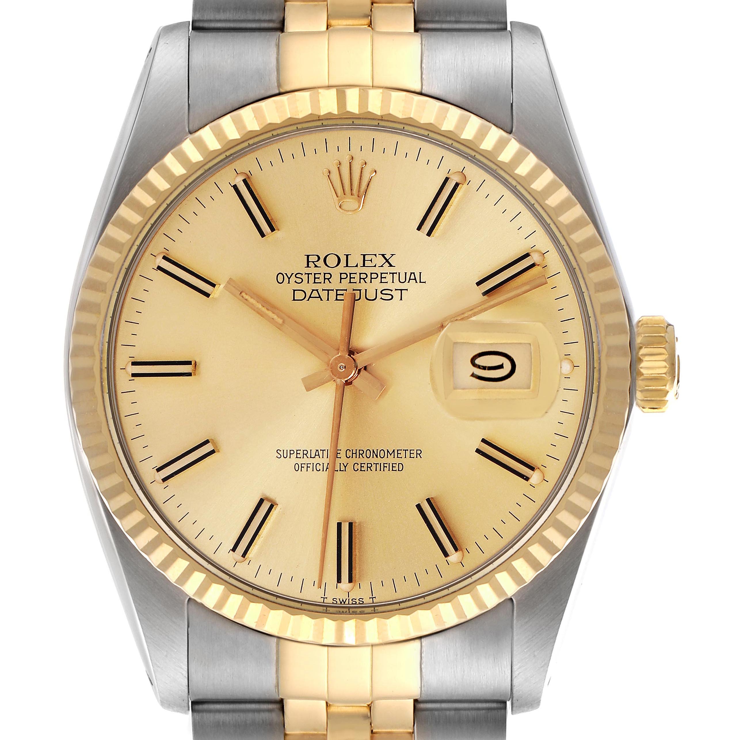 The Rolex Datejust 16013 Men
s Steel and Gold (two tone) Champagne Dial 16013 Men
s Steel and Gold (two tone) Champagne Dial watch is shown from the front, highlighting the dial, bezel, hands, date window, and part of the bracelet.