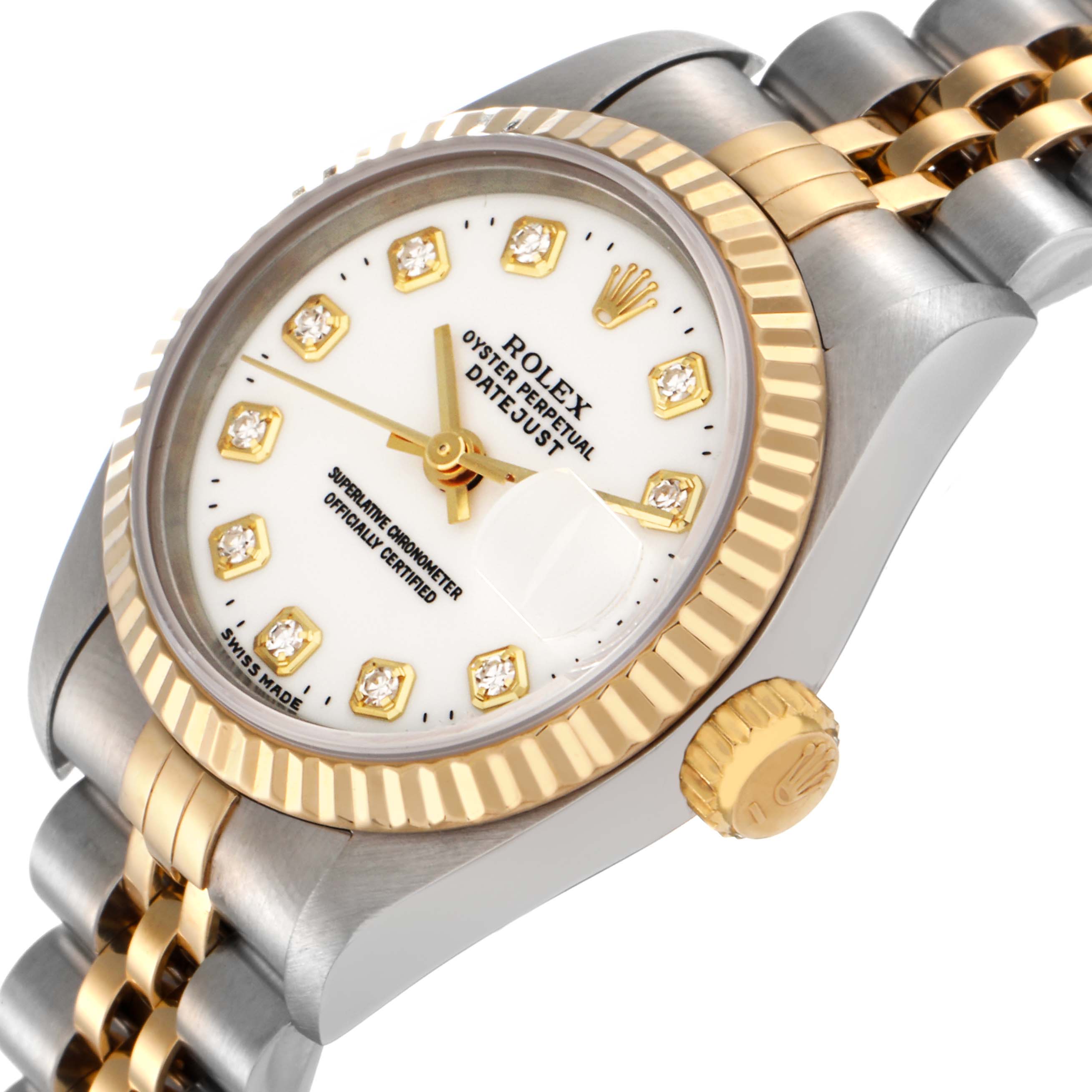The Rolex Datejust 69173 Women
s Steel and Gold (two tone) White Dial 69173 Women
s Steel and Gold (two tone) White Dial watch is shown at an angled view highlighting the dial, bezel, crown, and part of the bracelet.