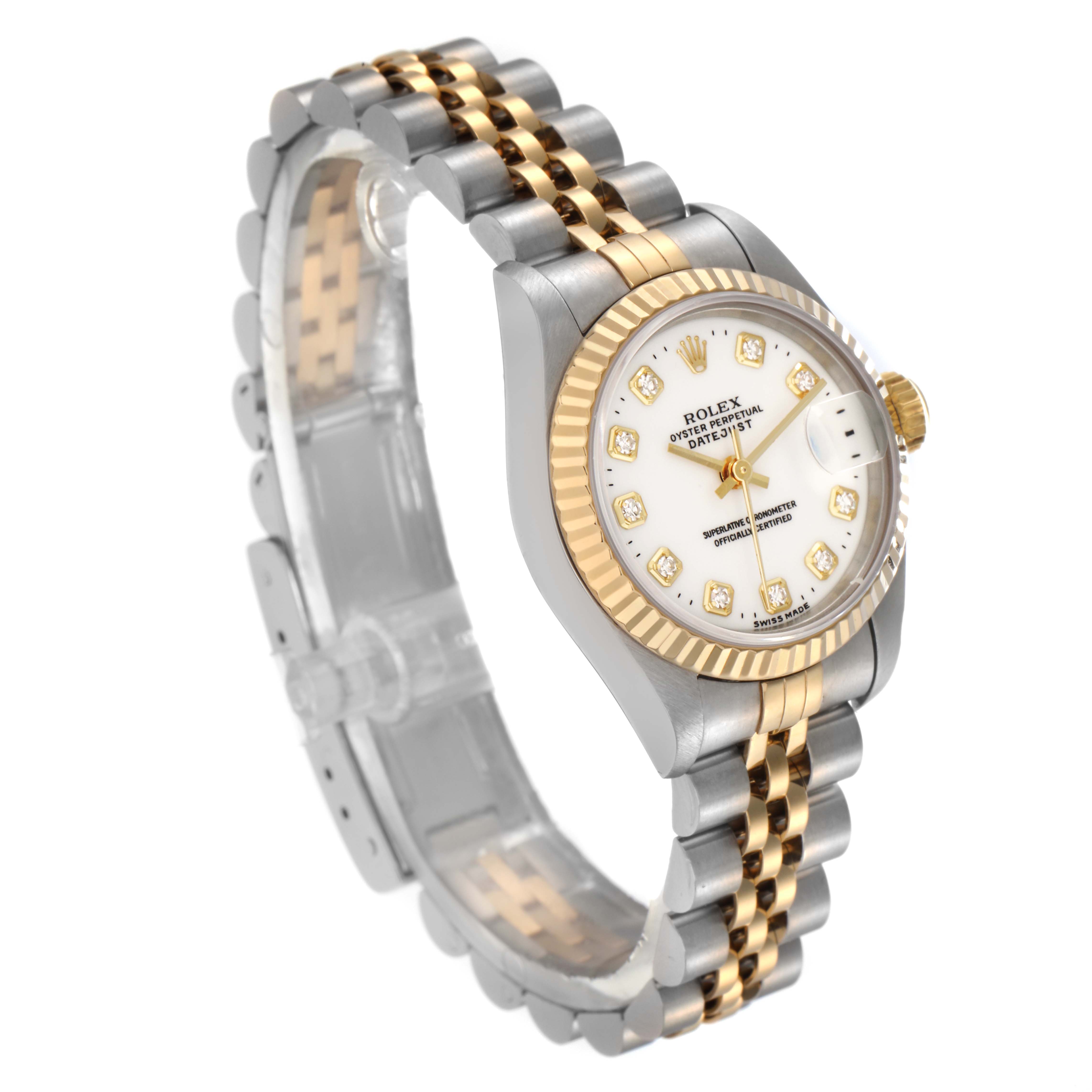 The Rolex Datejust 69173 Women
s Steel and Gold (two tone) White Dial 69173 Women
s Steel and Gold (two tone) White Dial watch is shown at a three-quarter angle, highlighting its face, bezel, and two-tone bracelet.